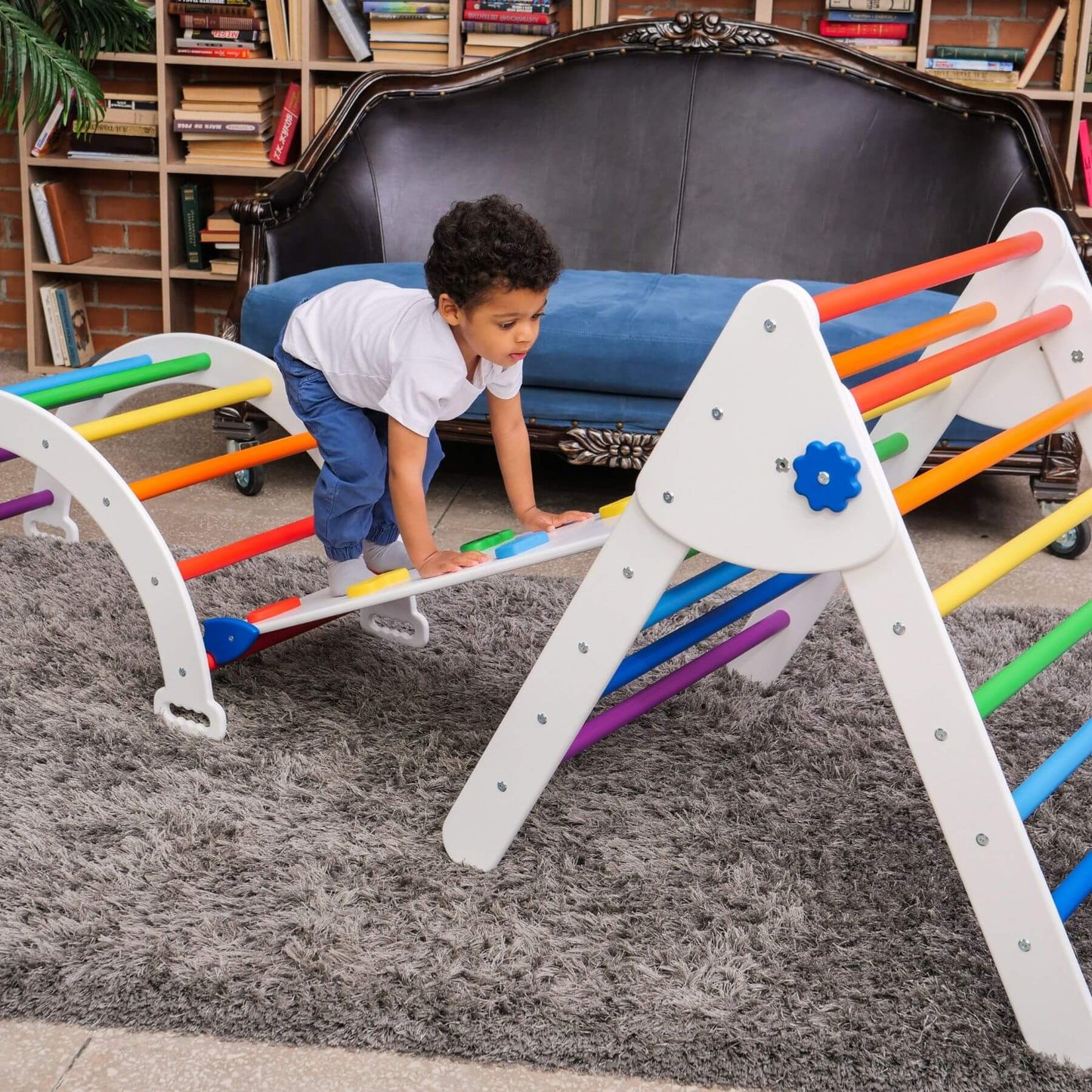 Boy Playing on Wood and Hearts Montessori Climbing Set of 3