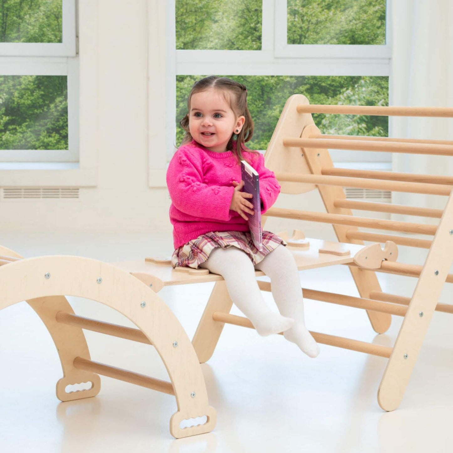 Girl Sitting on Wood and Hearts Montessori Climbing Set of 3