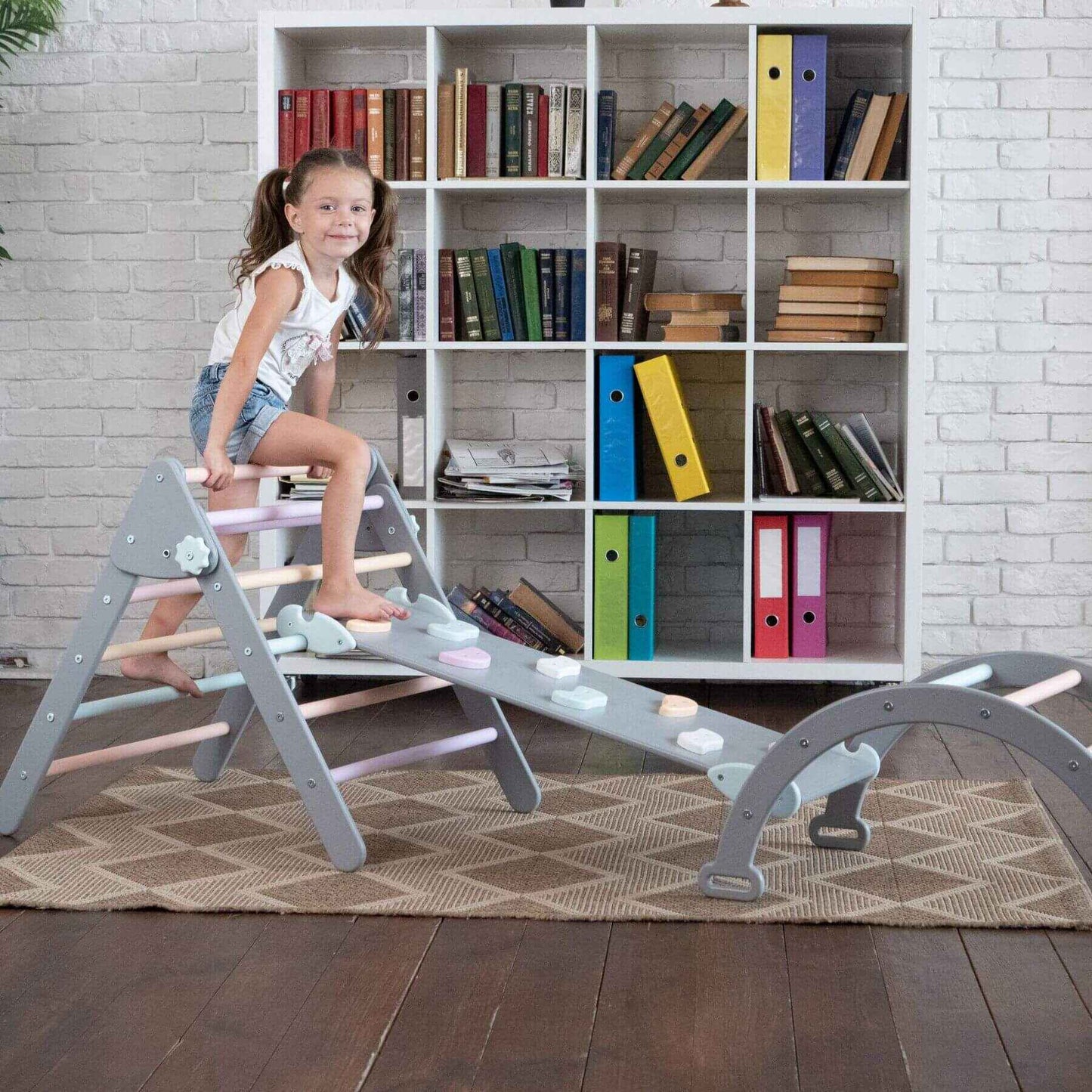 Girl Climbing on Wood and Hearts Montessori Climbing Set of 3