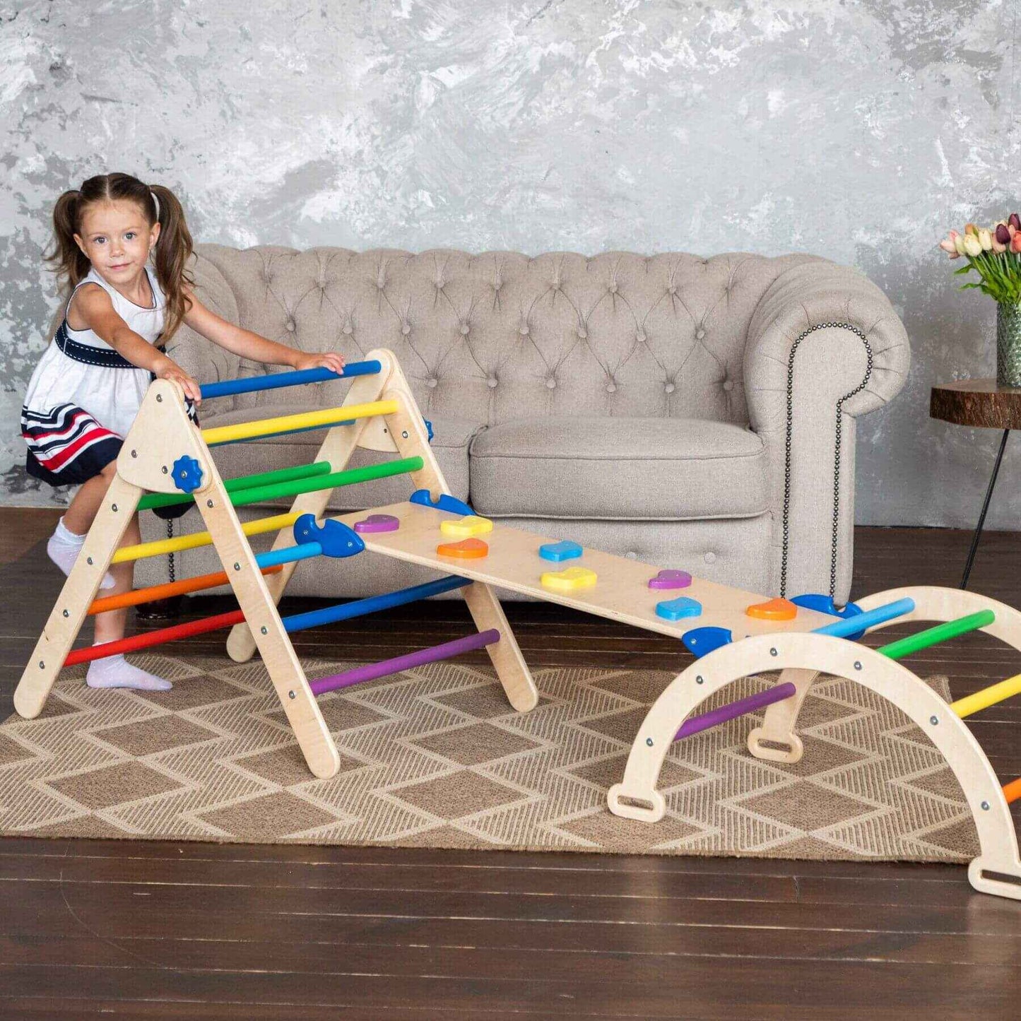 Girl Climbing on Wood and Hearts Montessori Climbing Set of 3