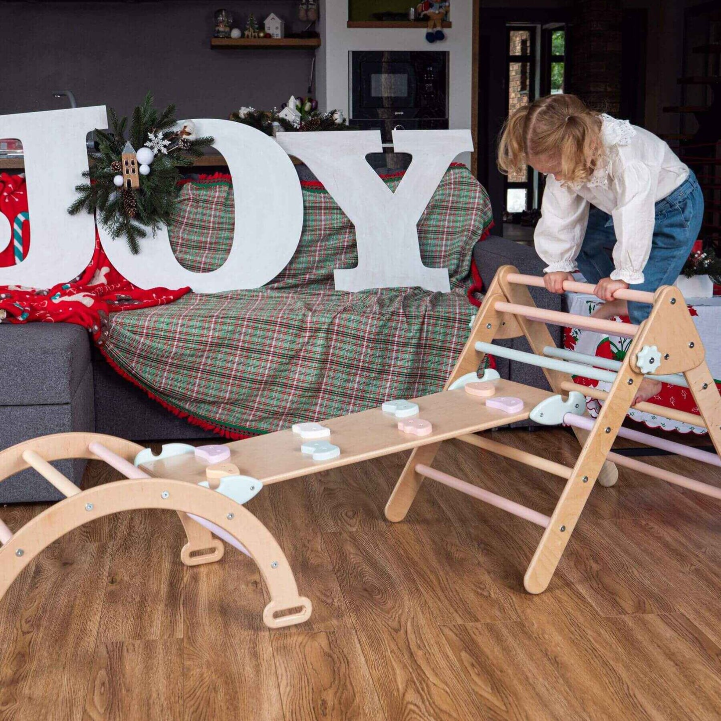 Girl Playing on Wood and Hearts Montessori Climbing Set of 3