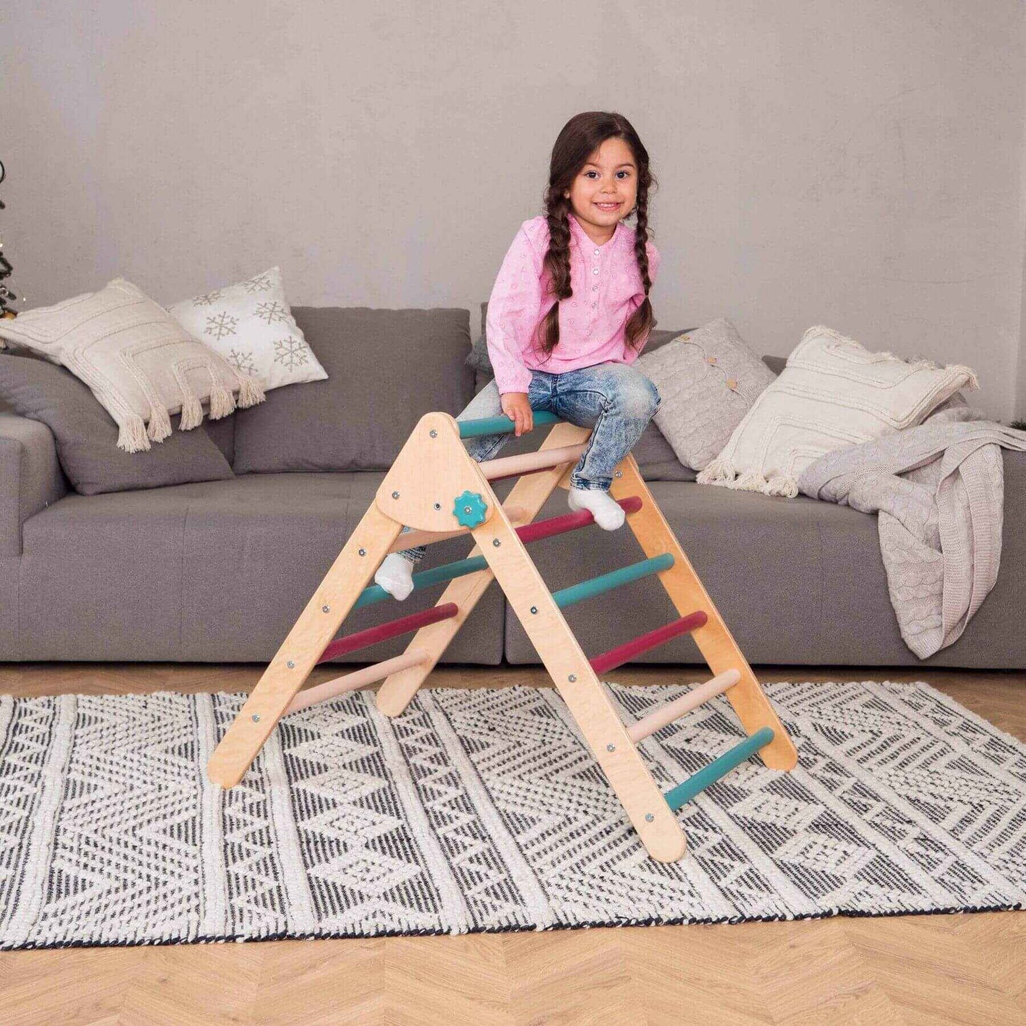 Girl Climbing on Wood and Hearts Montessori Foldable Triangle Green Grass