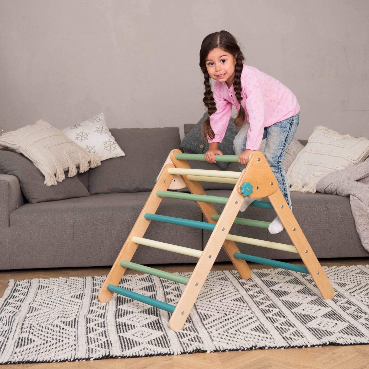 Girl Climbing on Wood and Hearts Montessori Foldable Triangle