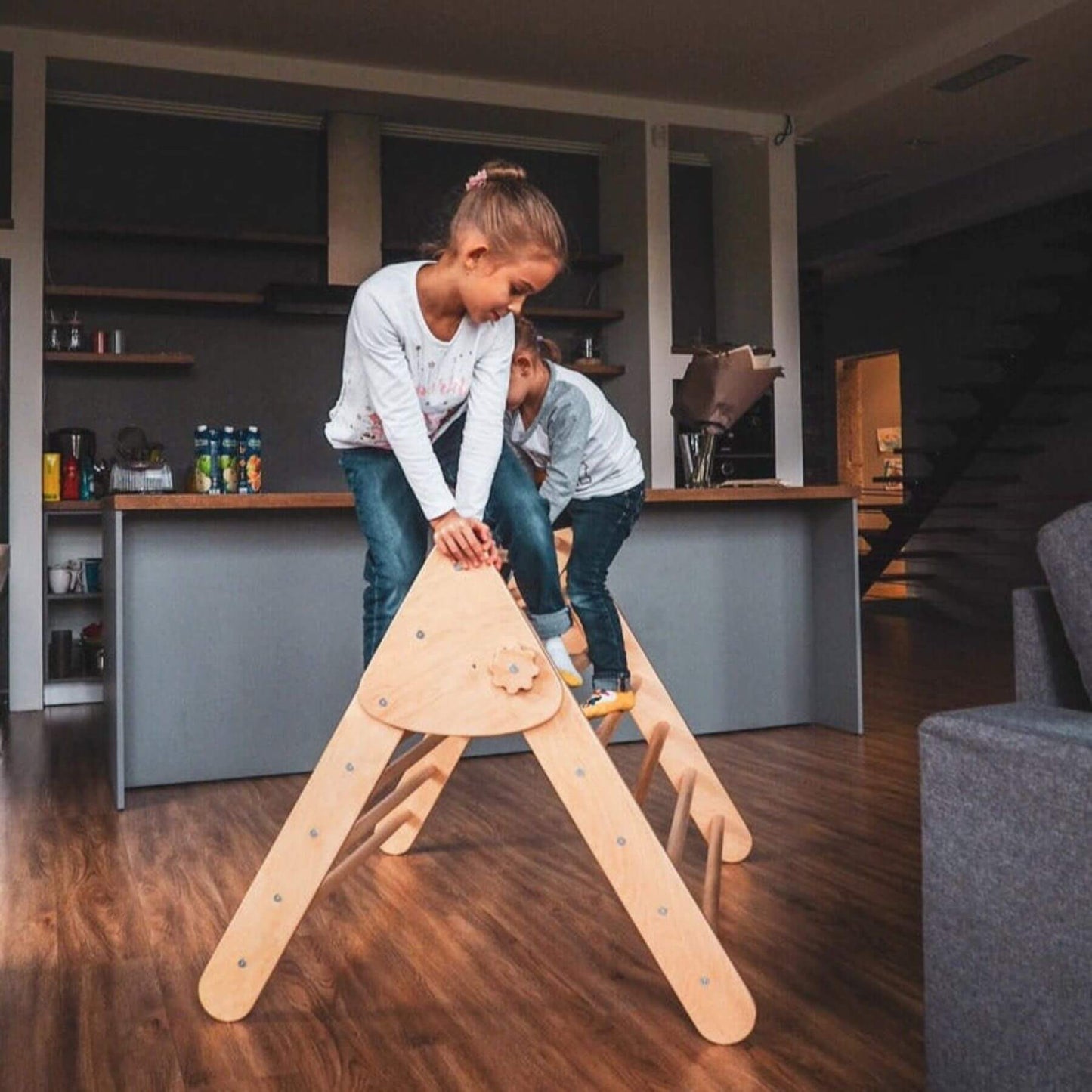 Kids Climbing on Wood and Hearts Montessori Foldable Triangle