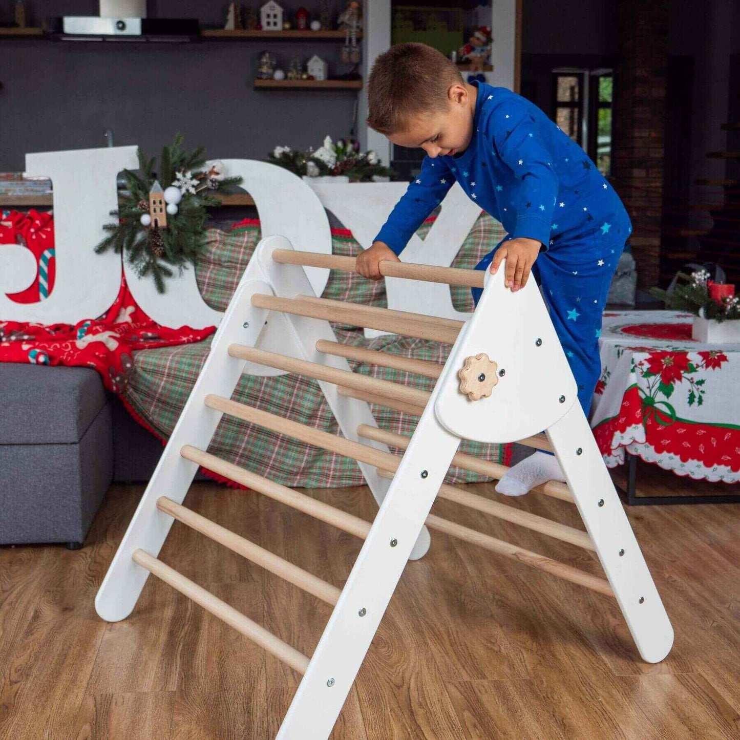 Boy Climbing on Wood and Hearts Montessori Foldable Triangle White + Natural wood