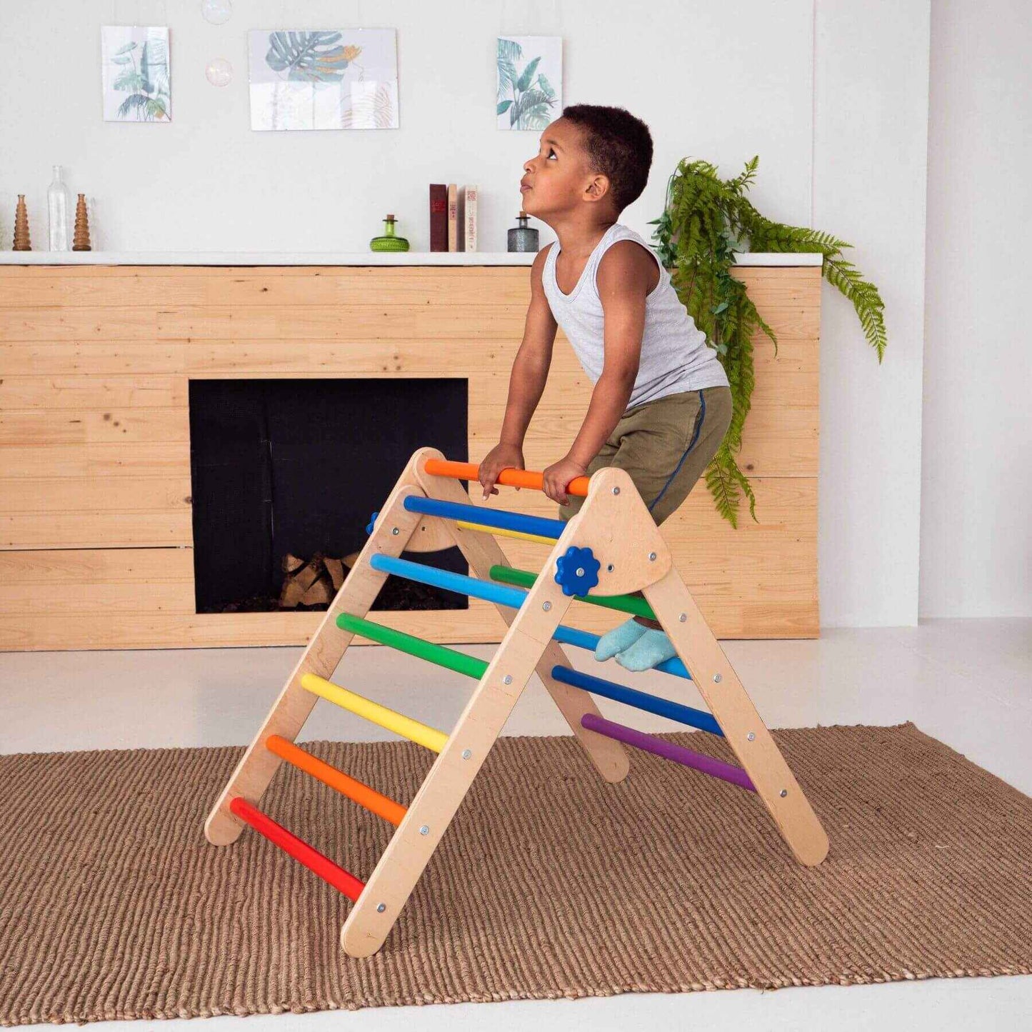 Boy Climbing on Wood and Hearts Montessori Foldable Triangle Natural Wood + Rainbow