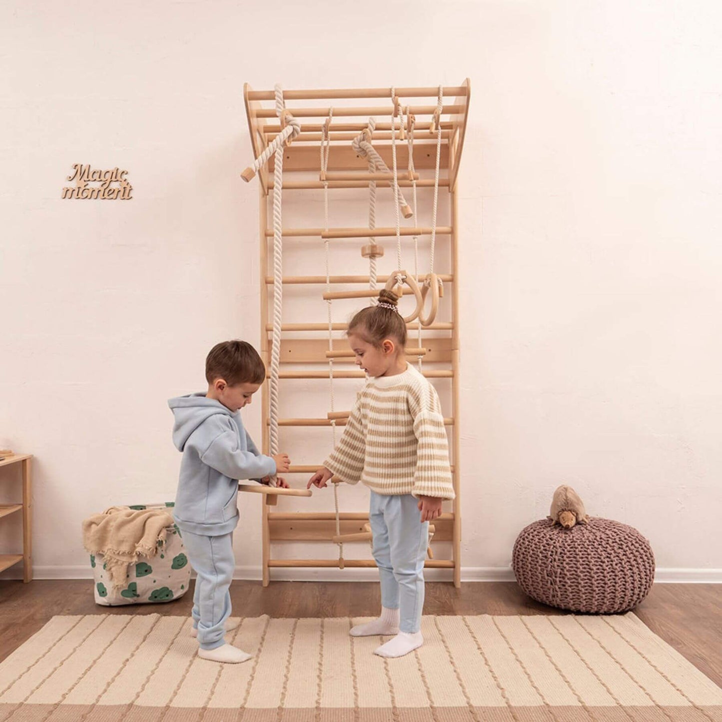 Kids Playing Wood and Hearts Swedish Wall - Two Parts