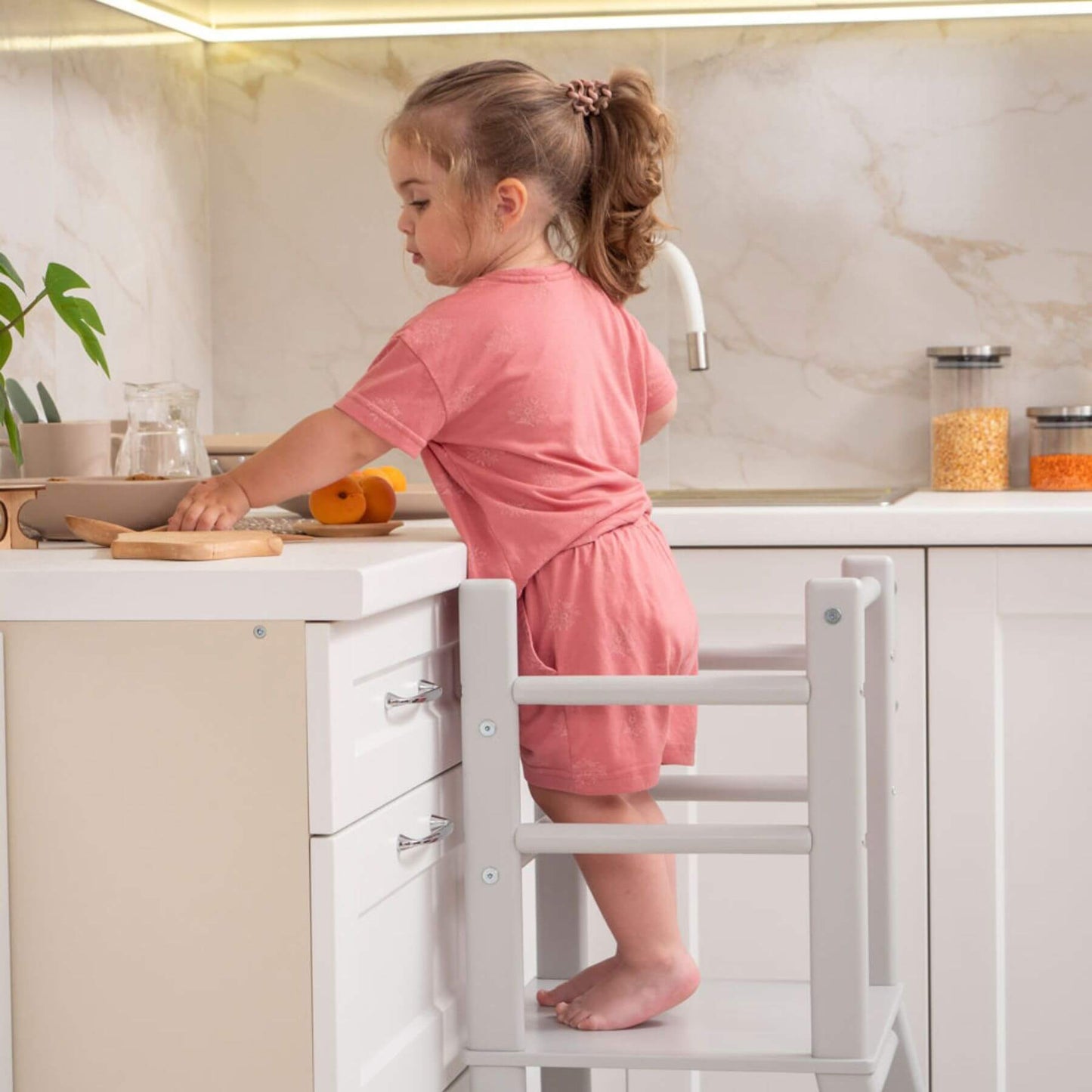 Girl Standing on Wood and Hearts Toddler Standing Tower Grey