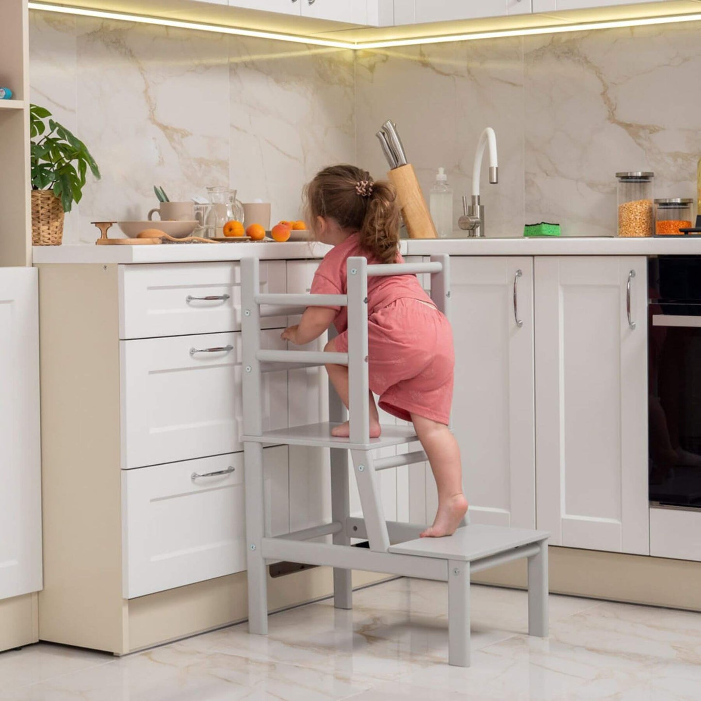 Girl Climbing on Wood and Hearts Toddler Standing Tower Grey