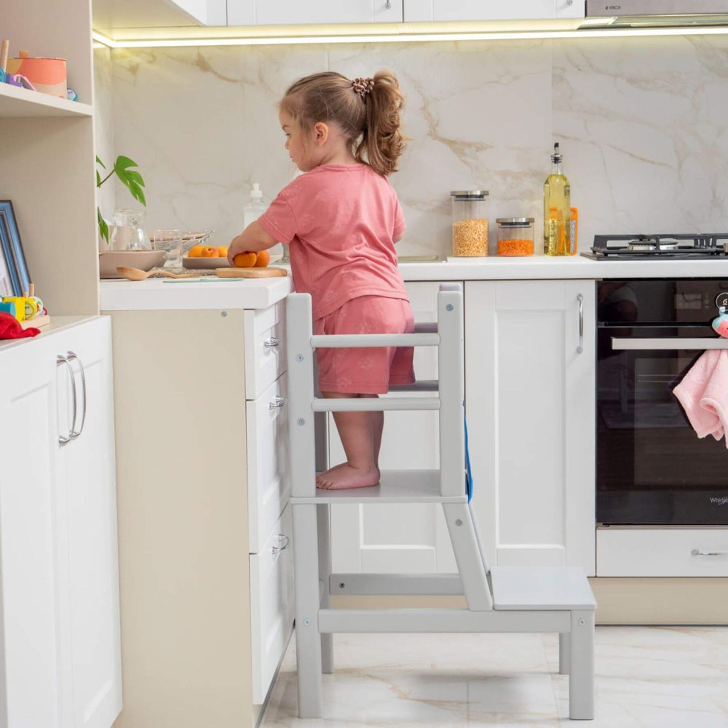 Girl Standing on Wood and Hearts Toddler Standing Tower Grey