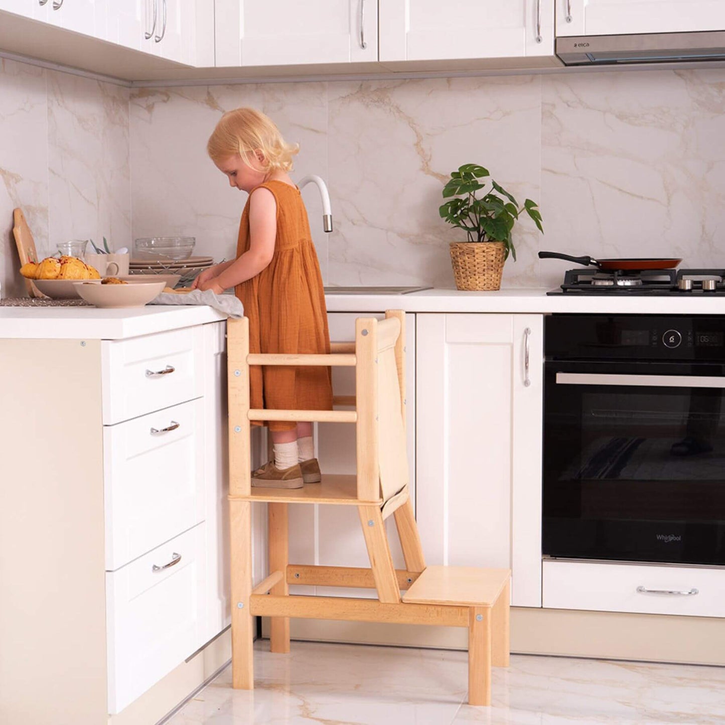Girl Standing on Wood and Hearts Toddler Standing Tower Natural