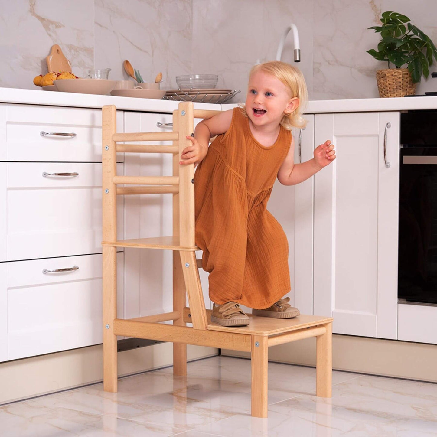 Girl Standing on Wood and Hearts Toddler Standing Tower Natural