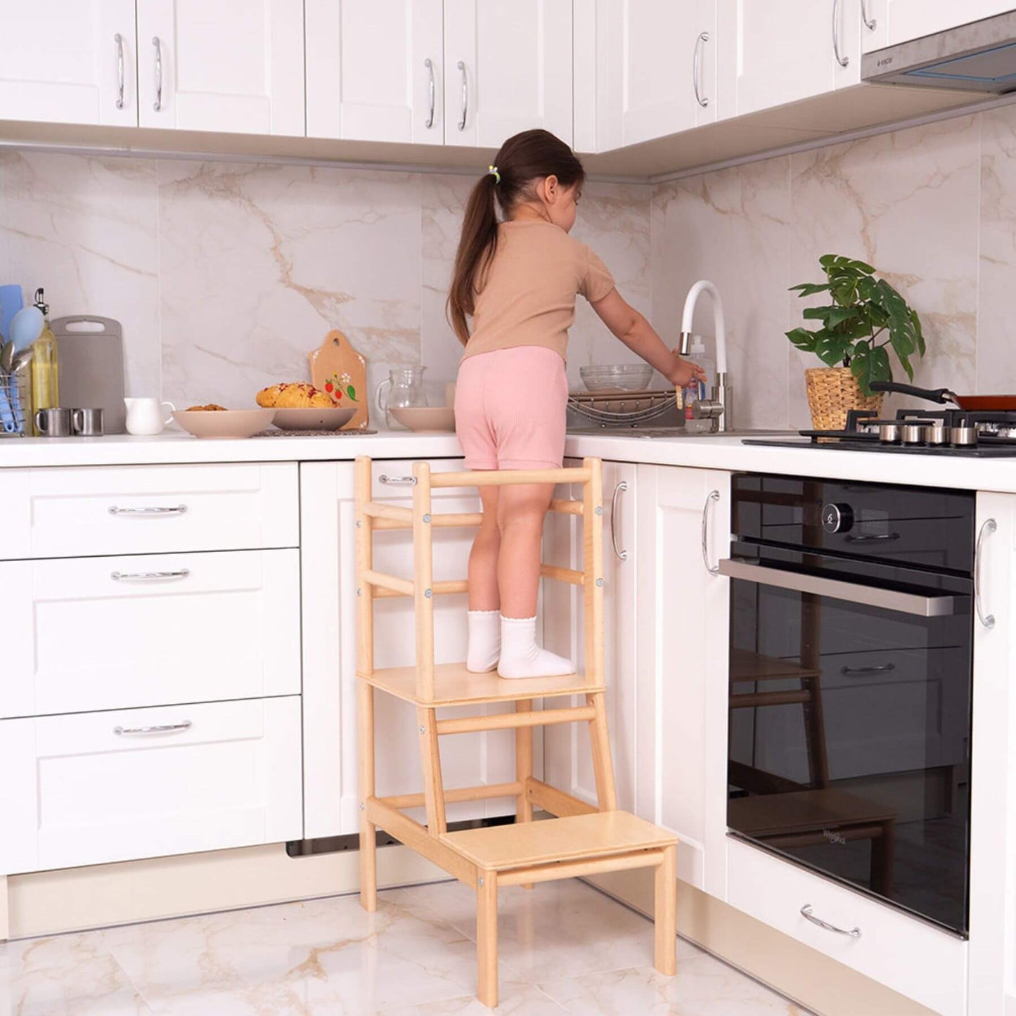 Girl Standing on Wood and Hearts Toddler Standing Tower Natural