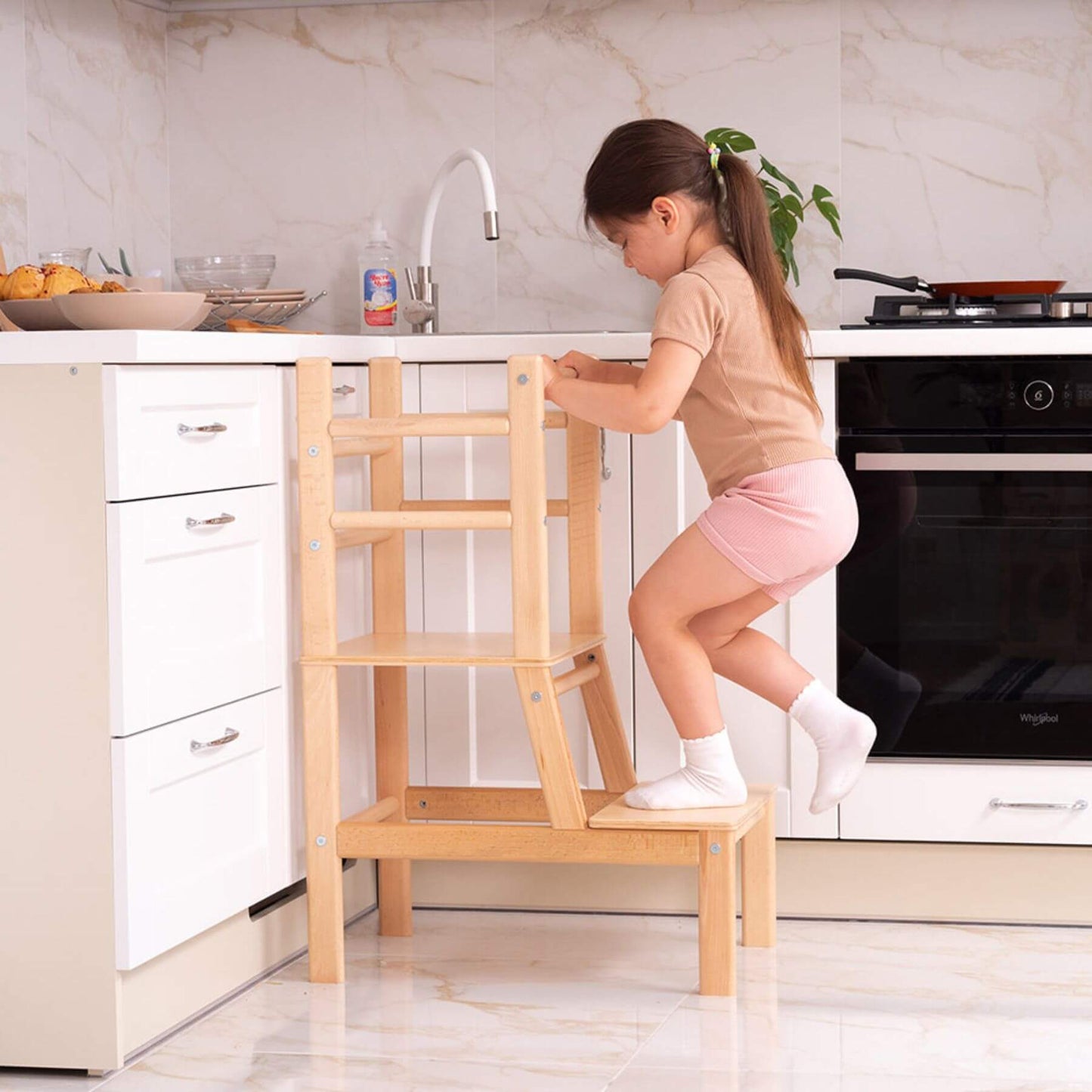 Girl Standing on Wood and Hearts Toddler Standing Tower Natural