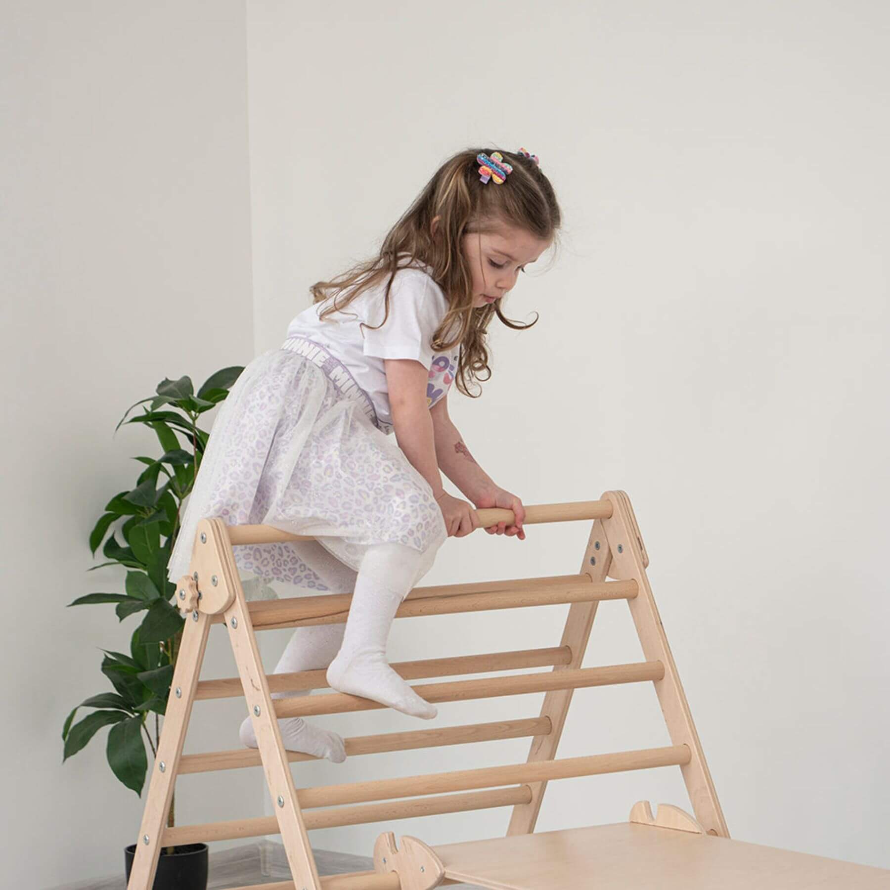 Girl Climbing on Wood and Hearts Triangle Climber Natural