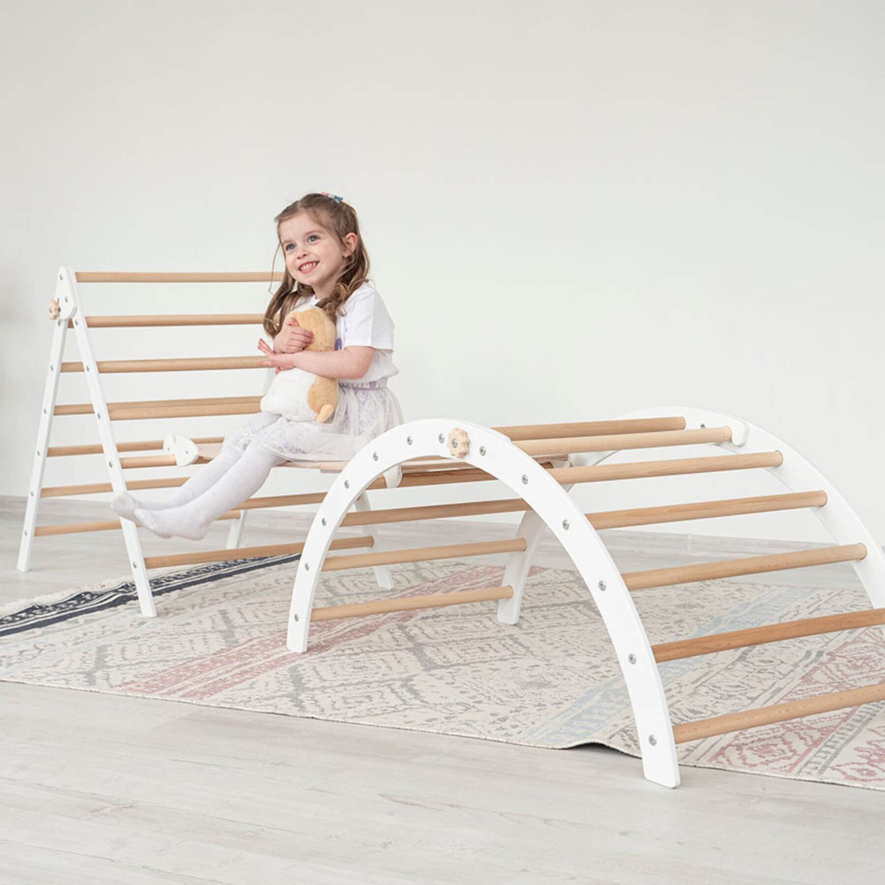 Girl Sitting on Wood and Hearts Triangle Climber Set Natural & White