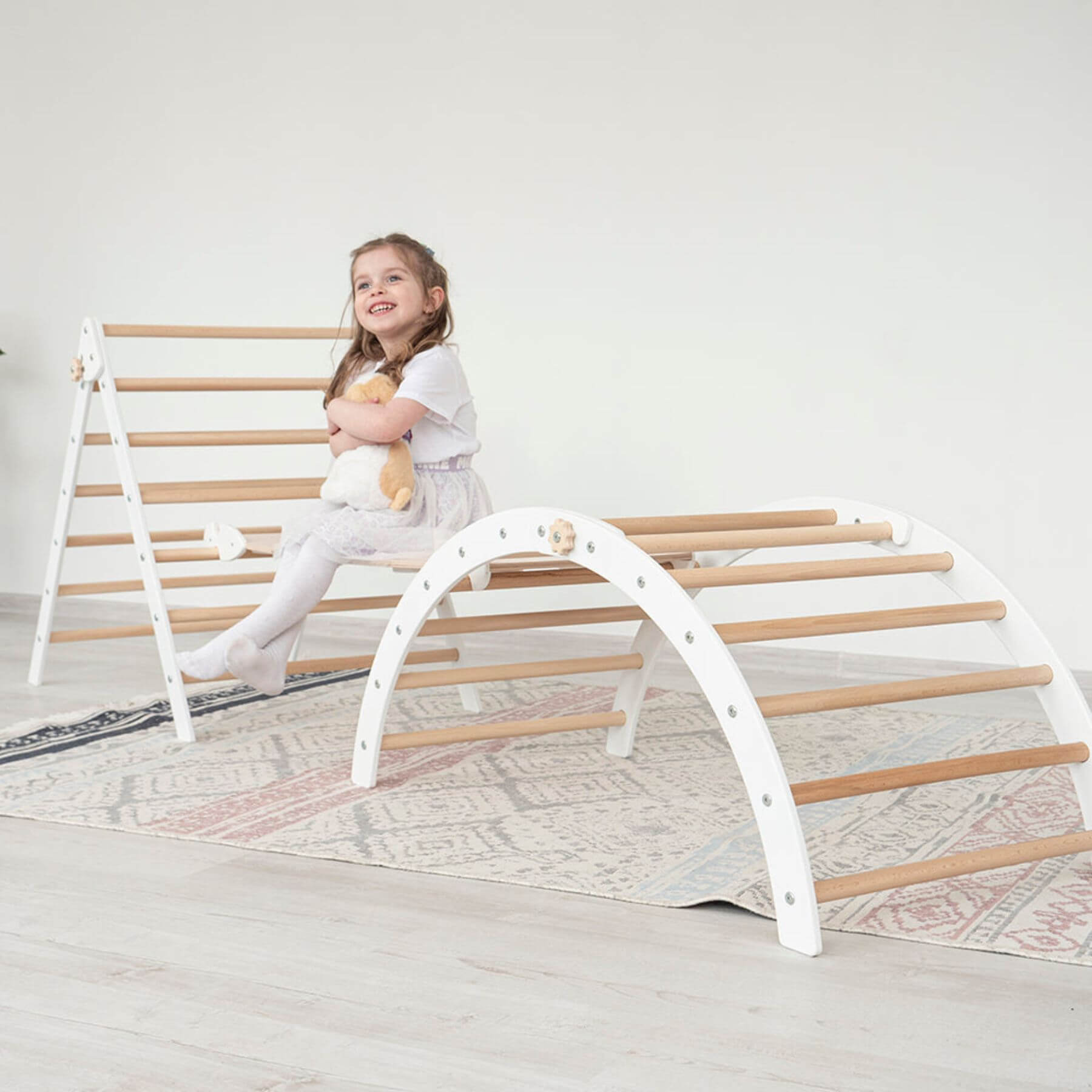 Girl Sitting on Wood and Hearts Triangle Climber Set Natural & White