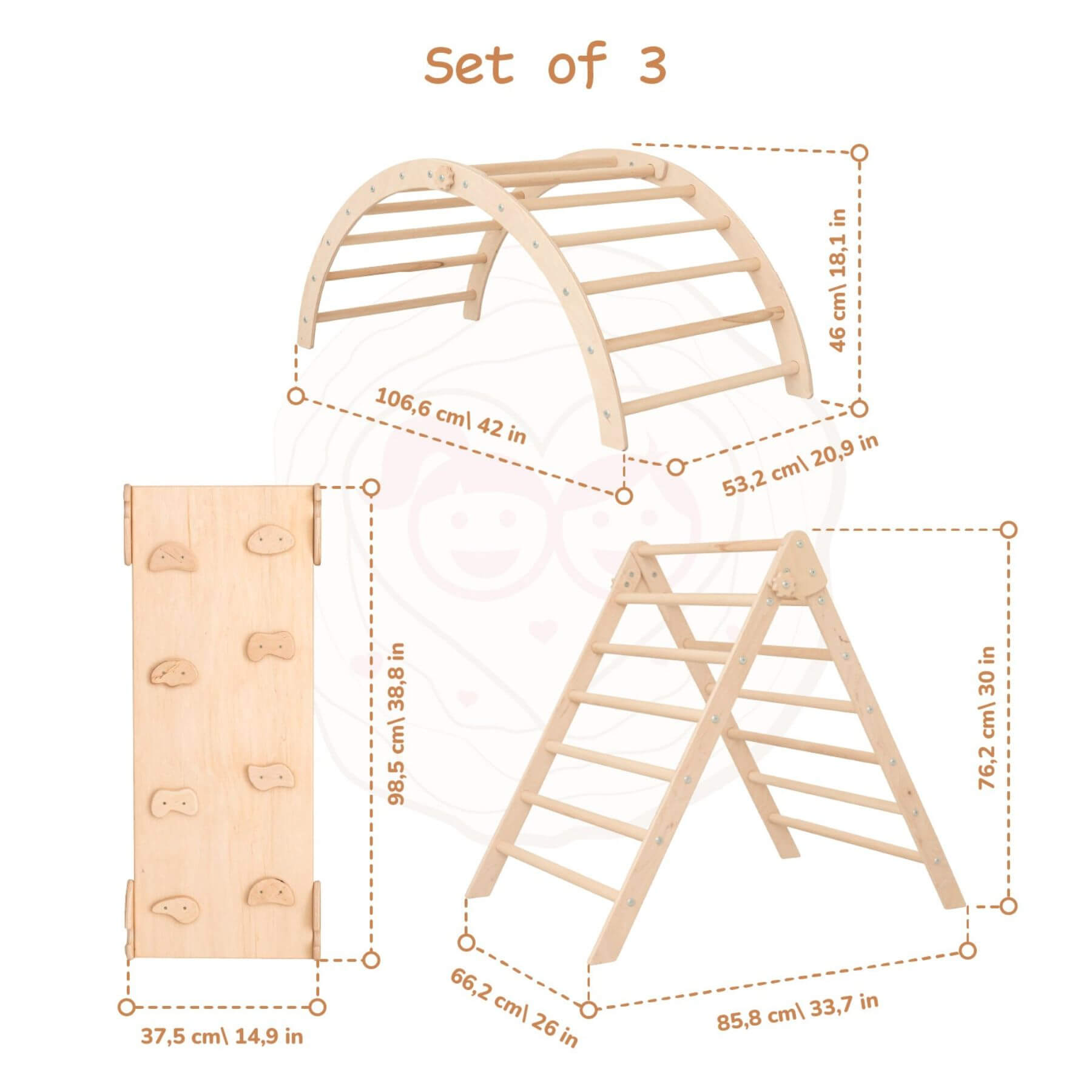 Wood and Hearts Triangle Climber Set of 3