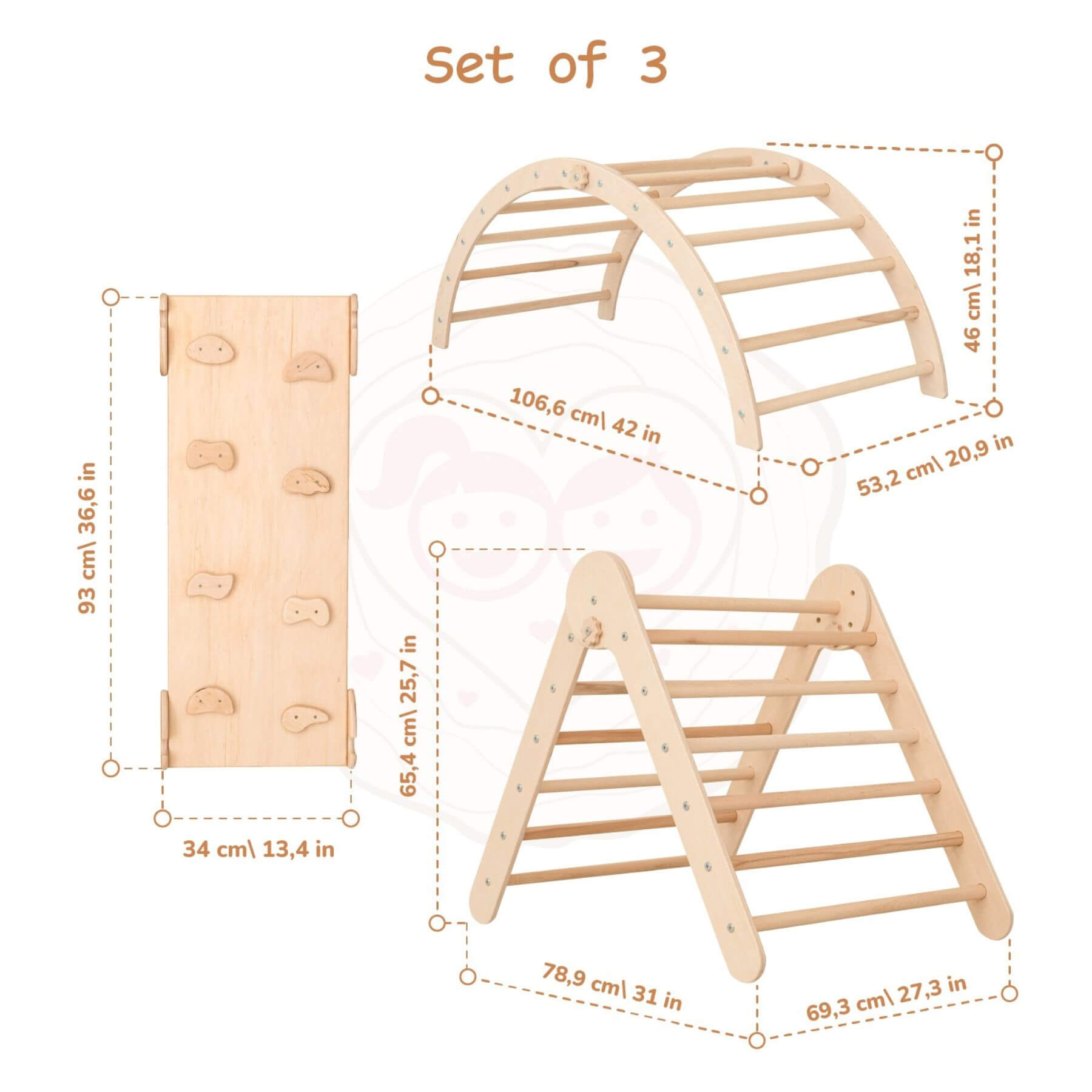 Wood and Hearts Triangle Climber Set of 3 Natural