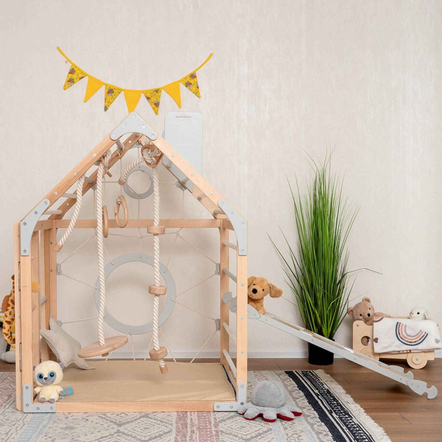 Wood and Hearts Wooden Climbing Playhouse Natural & Grey w/ Ramp