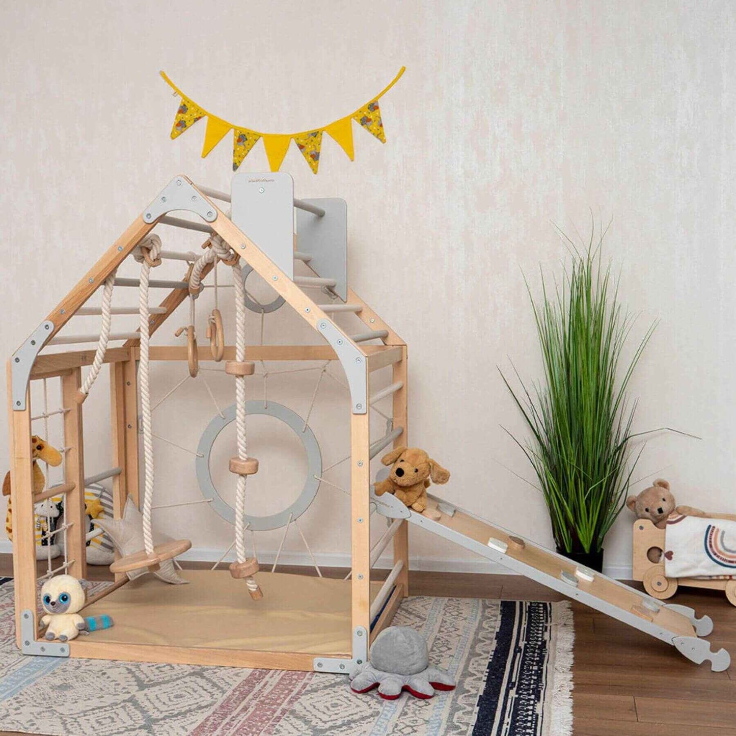 Wood and Hearts Wooden Climbing Playhouse Natural & Grey w/ Ramp, 3 Ropes