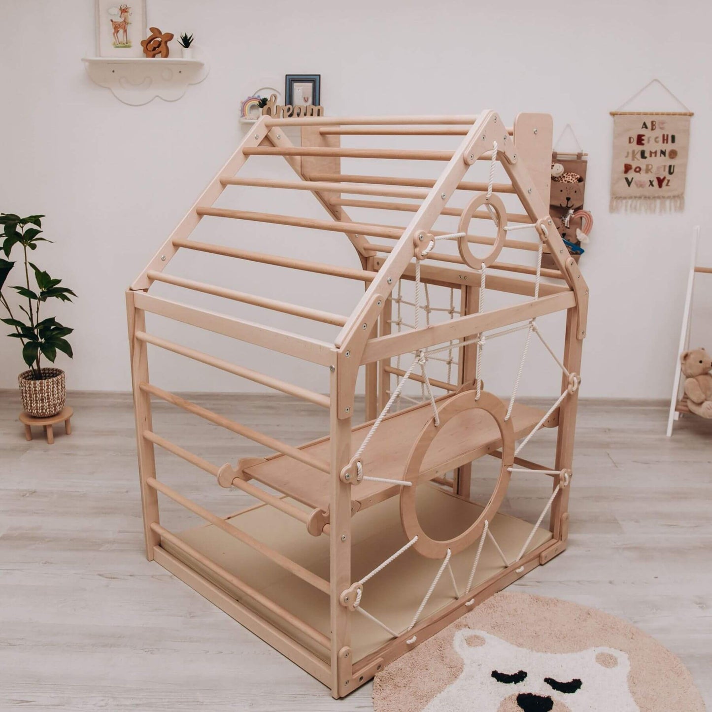 Wood and Hearts Wooden Climbing Playhouse w/ Ramp Natural