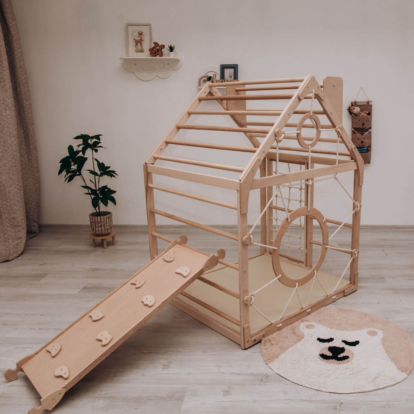 Wood and Hearts Wooden Climbing Playhouse w/ Ramp Natural