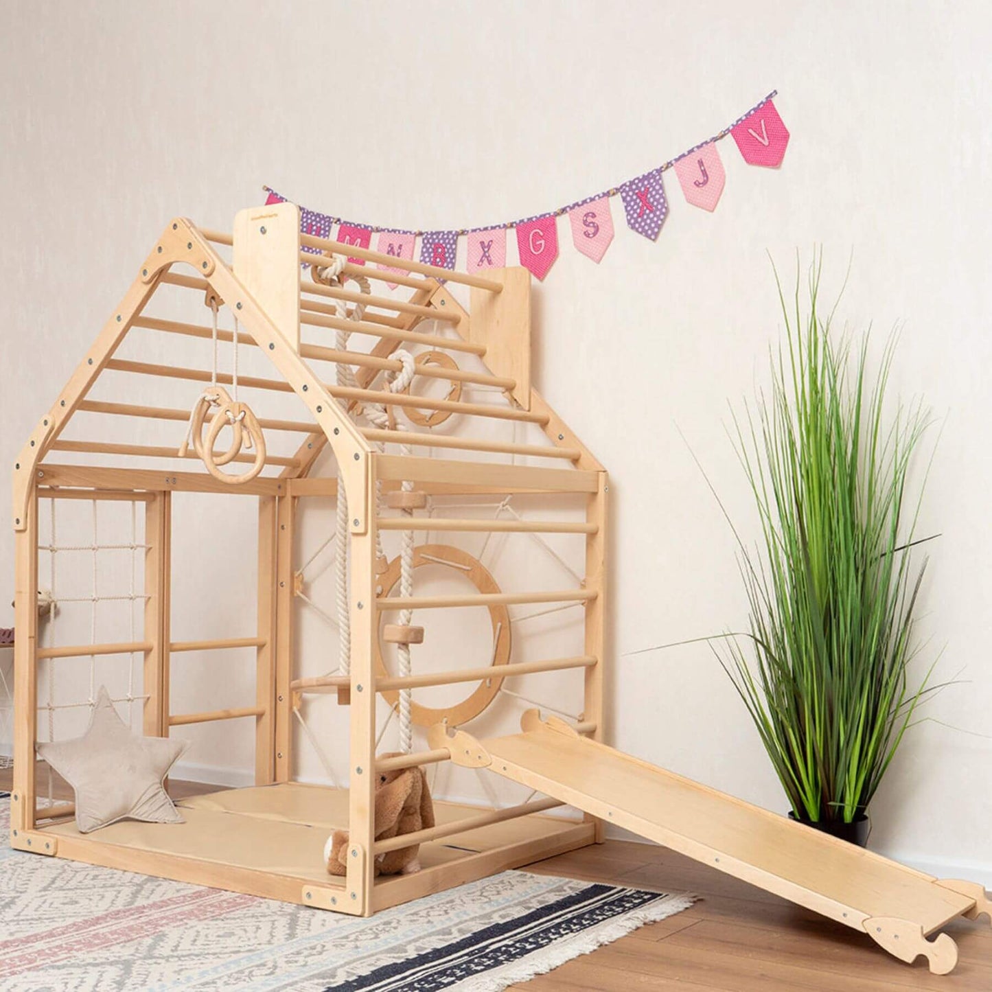 Wood and Hearts Wooden Climbing Playhouse w/ Ramp Natural