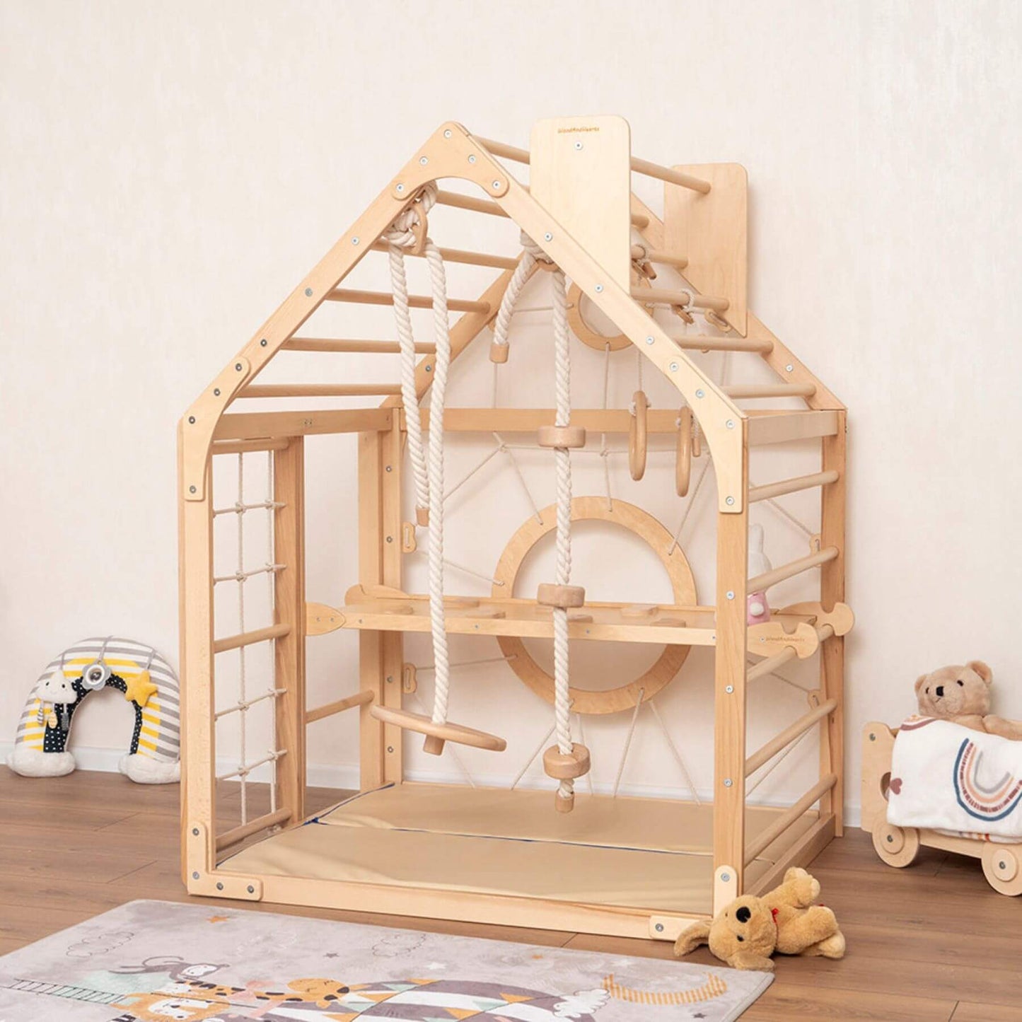 Wood and Hearts Wooden Climbing Playhouse w/ 3 Ropes