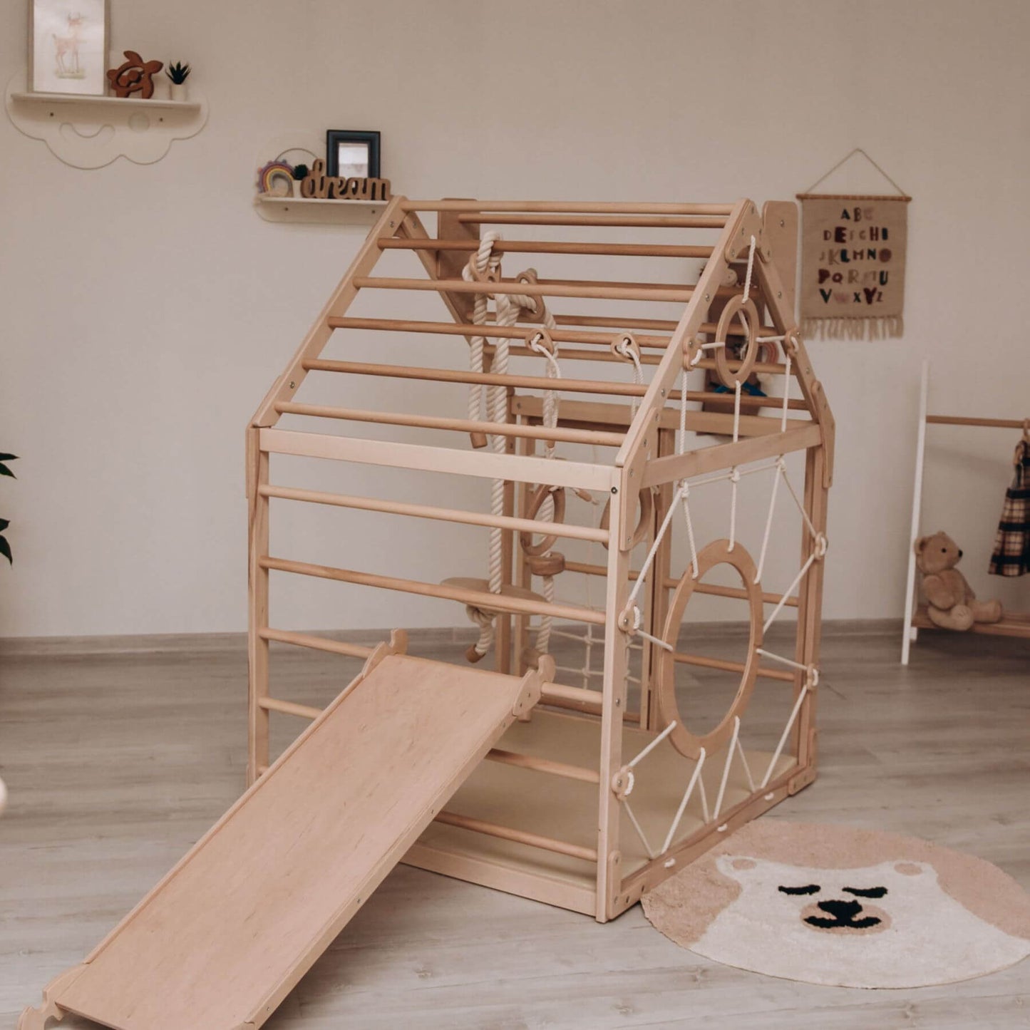 Wood and Hearts Wooden Climbing Playhouse w/ Ramp, 3 Ropes