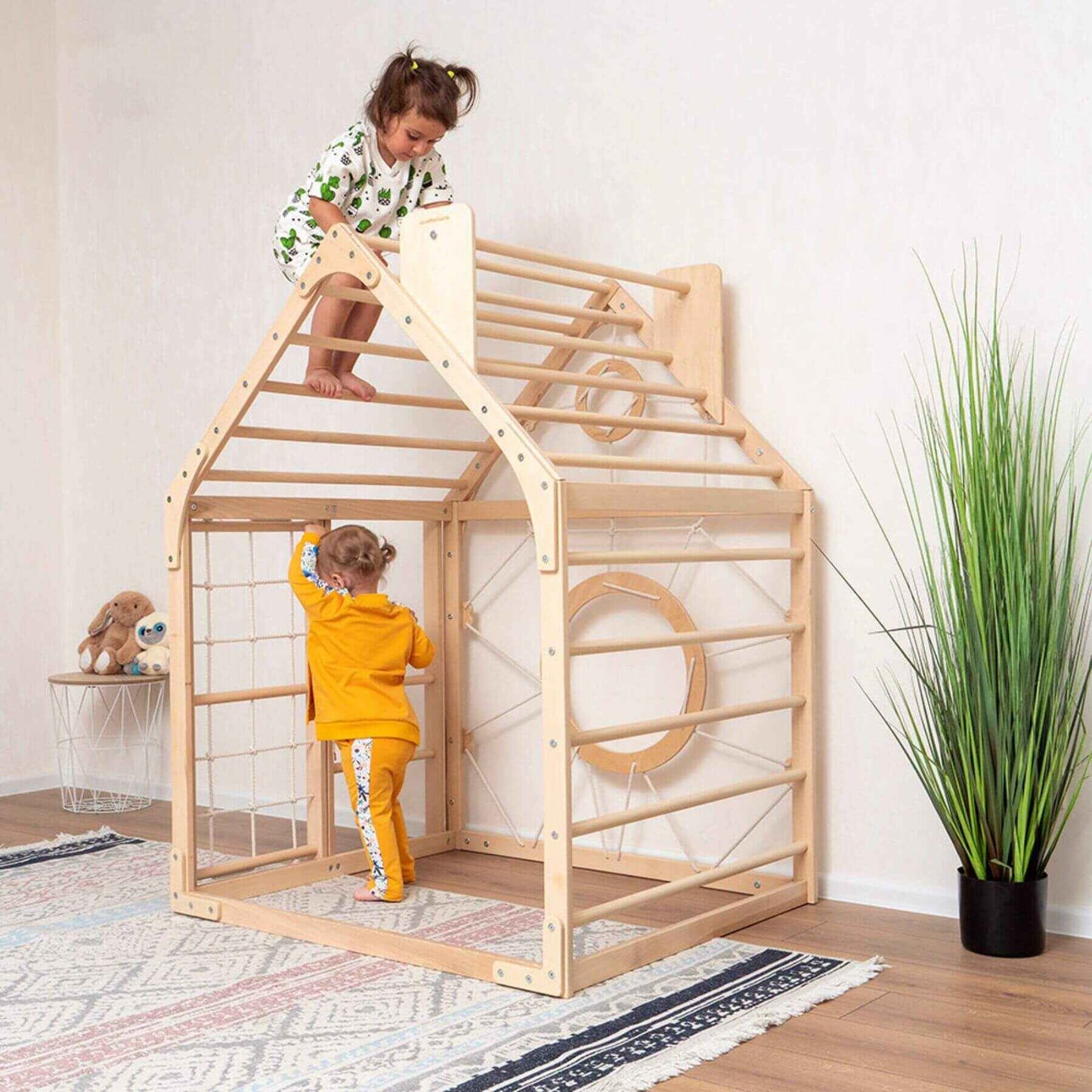 Kids Playing Wood and Hearts Wooden Climbing Playhouse Natural