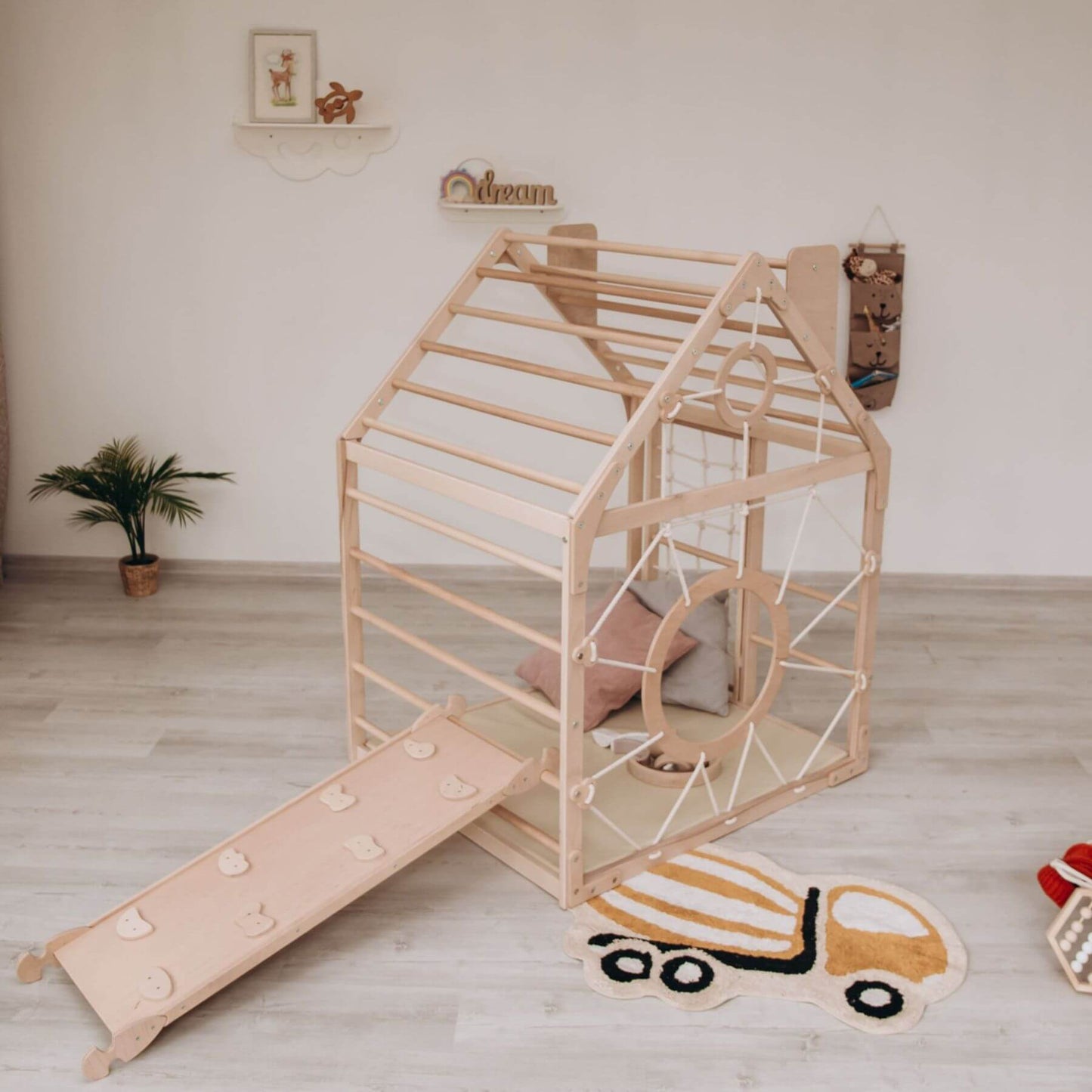 Wood and Hearts Wooden Climbing Playhouse w/ Ramp Natural