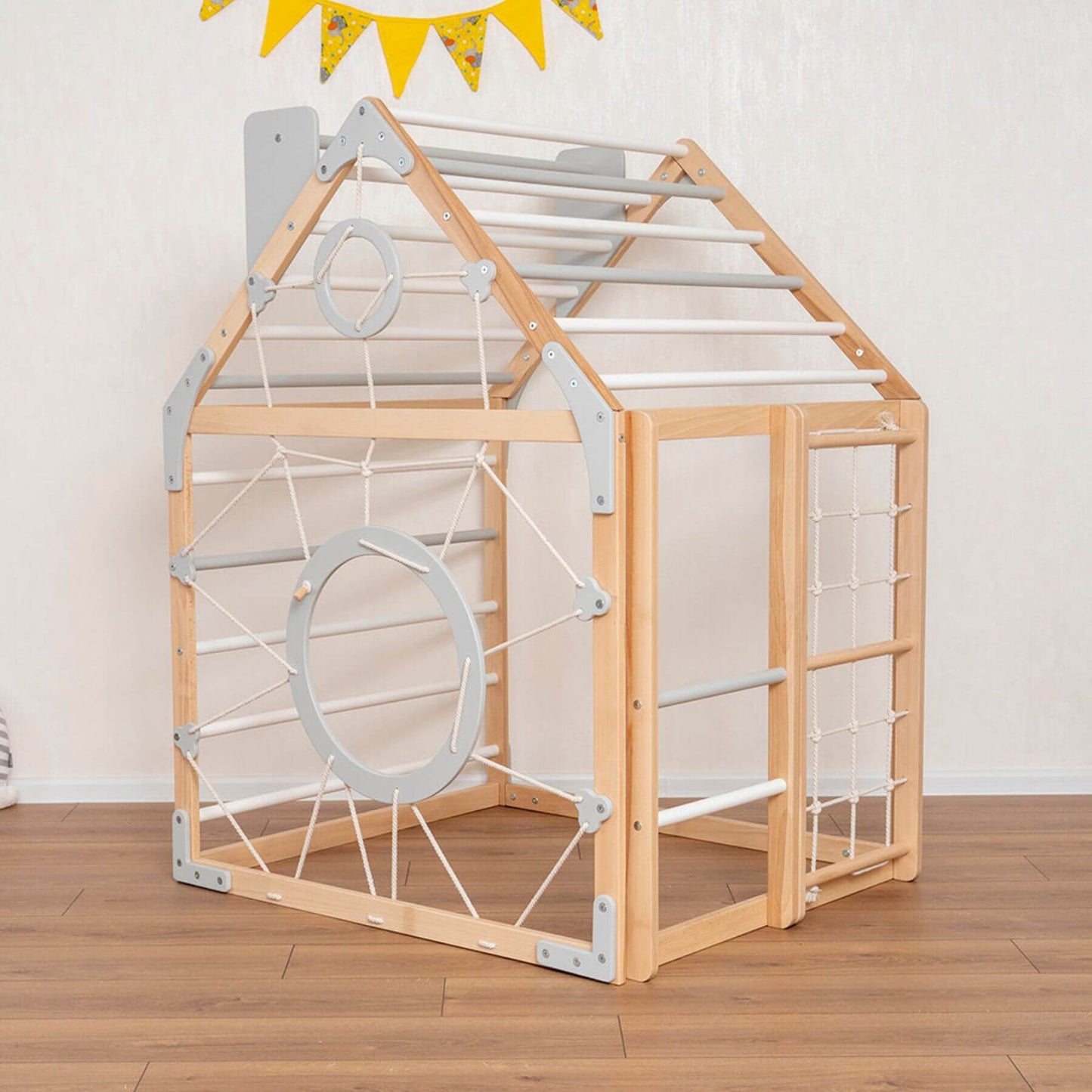 Wood and Hearts Wooden Climbing Playhouse Natural & Grey