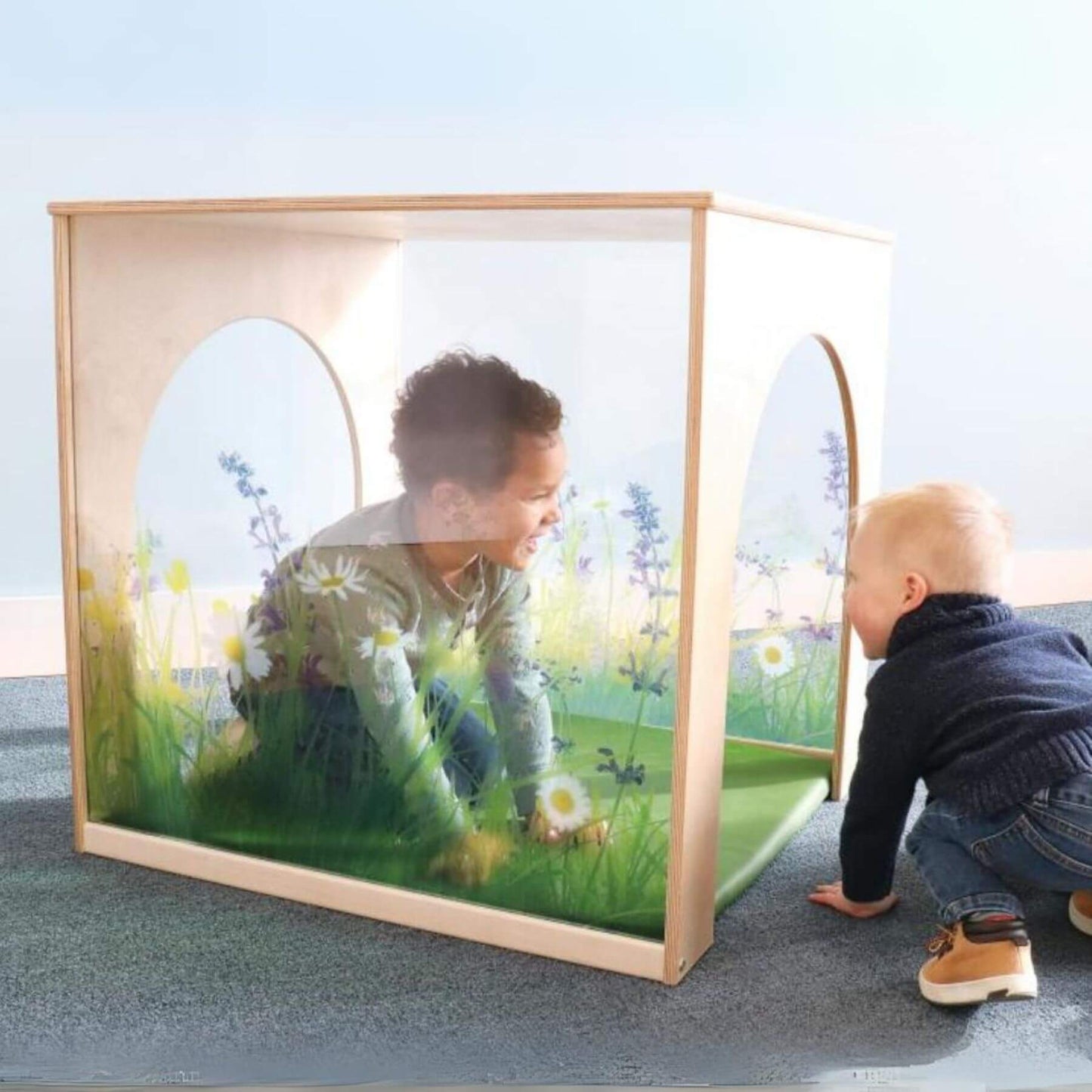 Two Boys Playing In Whitney Brothers Playhouse Cube