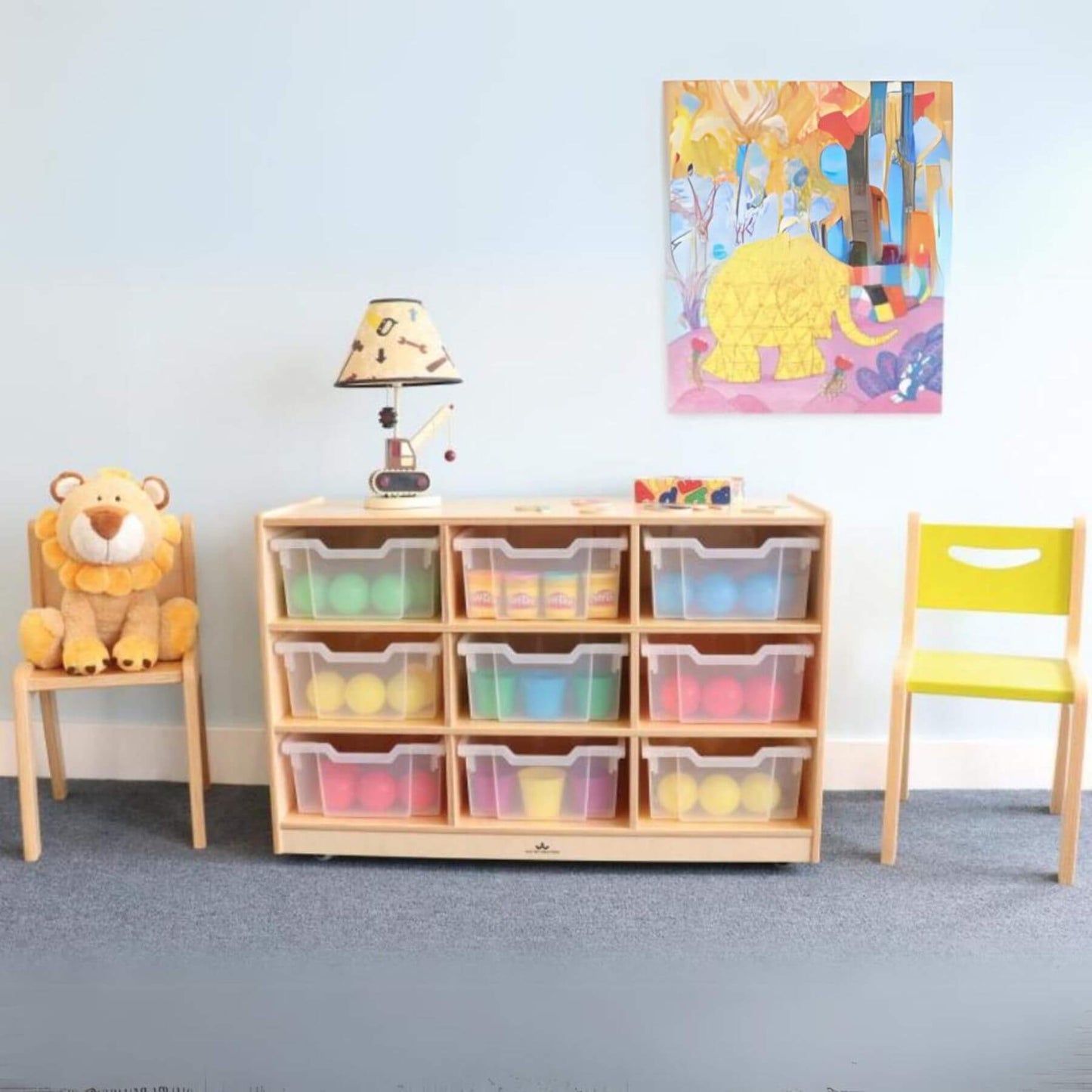 Whitney Brothers Nine Tray Mobile Storage Cabinet with Chairs on the Sides