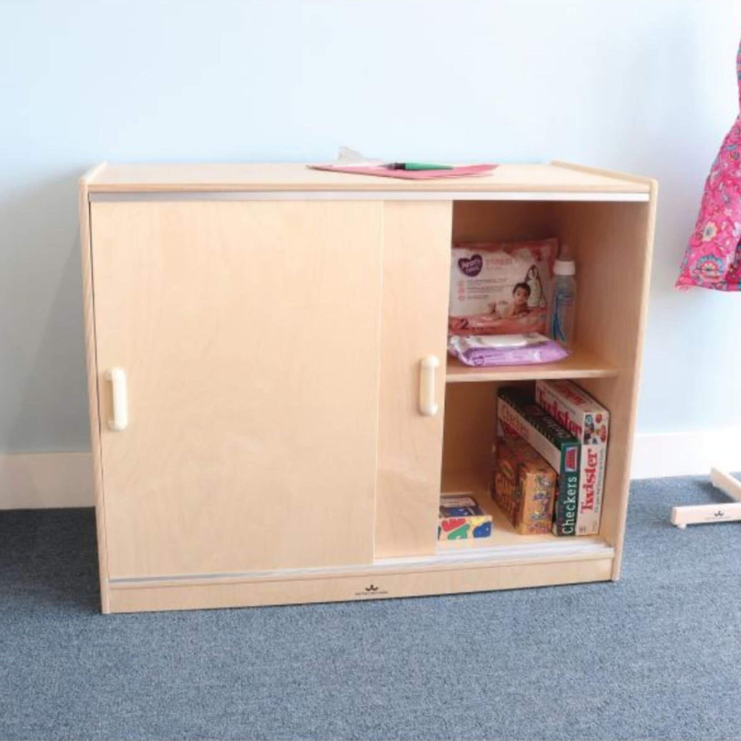Whitney Brothers Sliding Doors Storage Cabinet w/ One Door Open