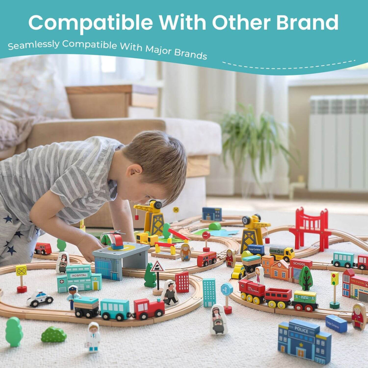 Child playing with a wooden train set in a living room.