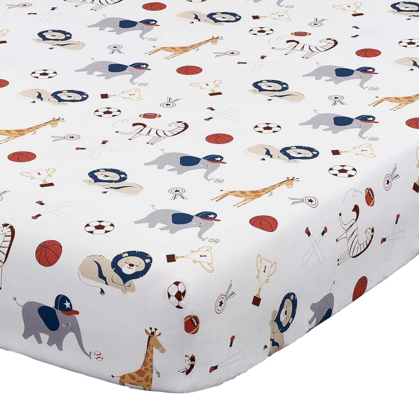 Fitted sheet with animal and sports pattern on a white background