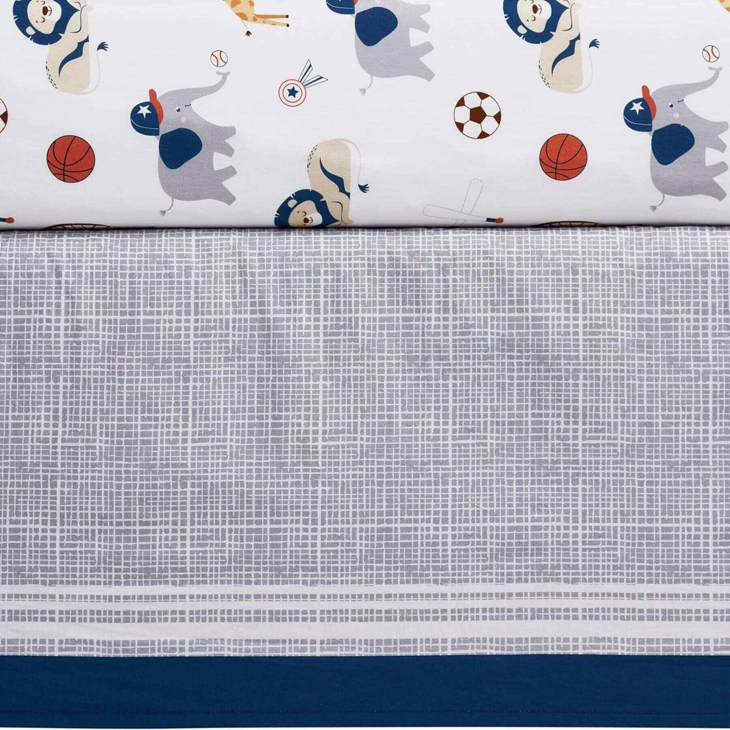 Crib sheet with animal and sports ball pattern on a textured fabric background