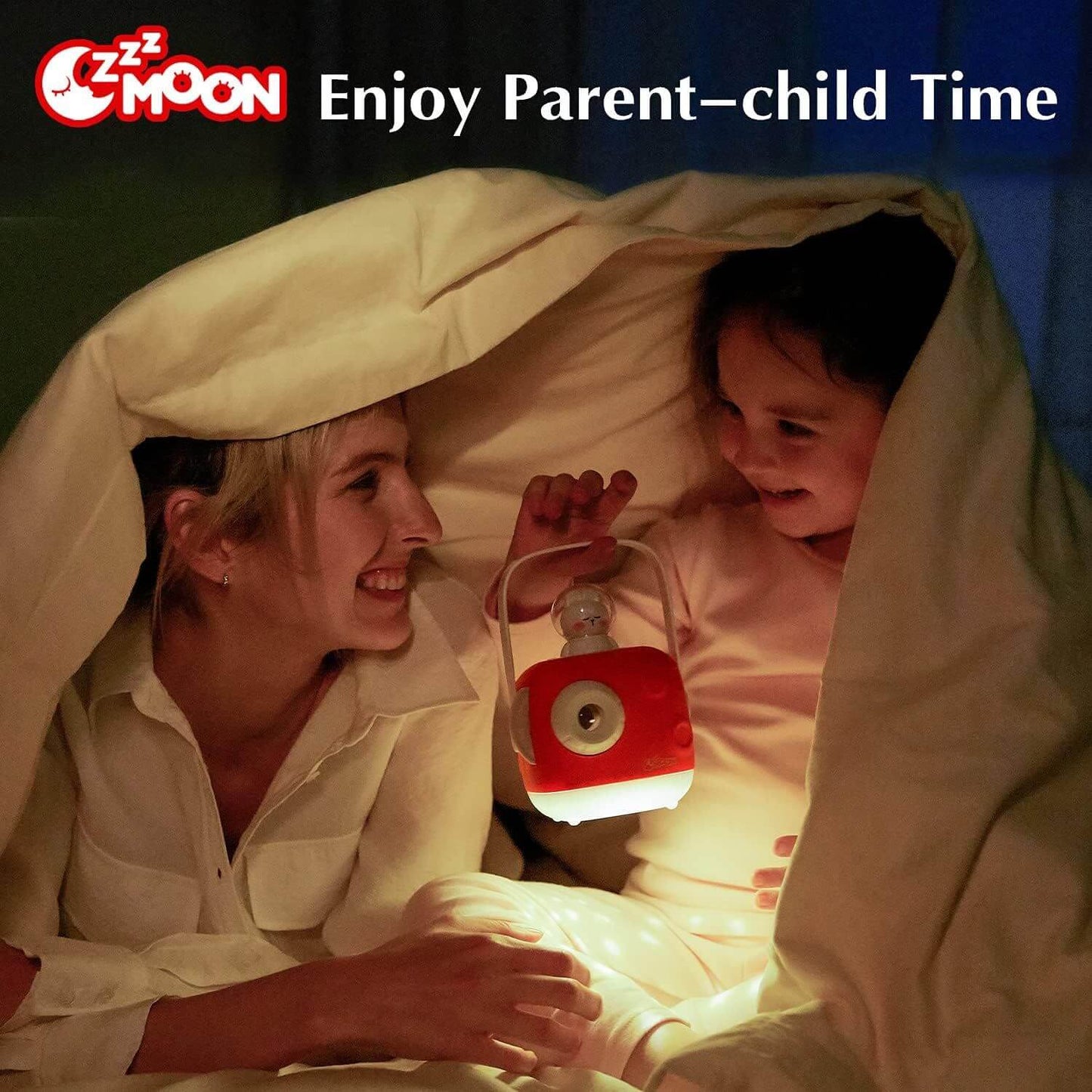Mom & Girl Using ZzzMoon Kids Storyboard Projector Red under Blanket