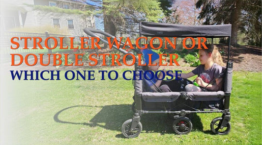 Kids riding on a wagon stroller