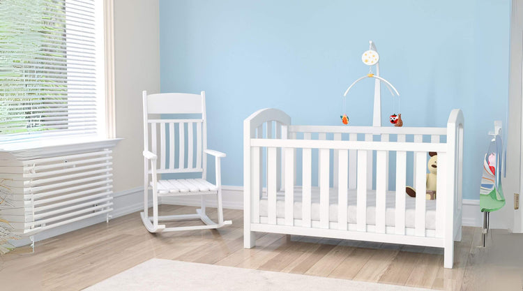 White Crib + Nursery Rocker