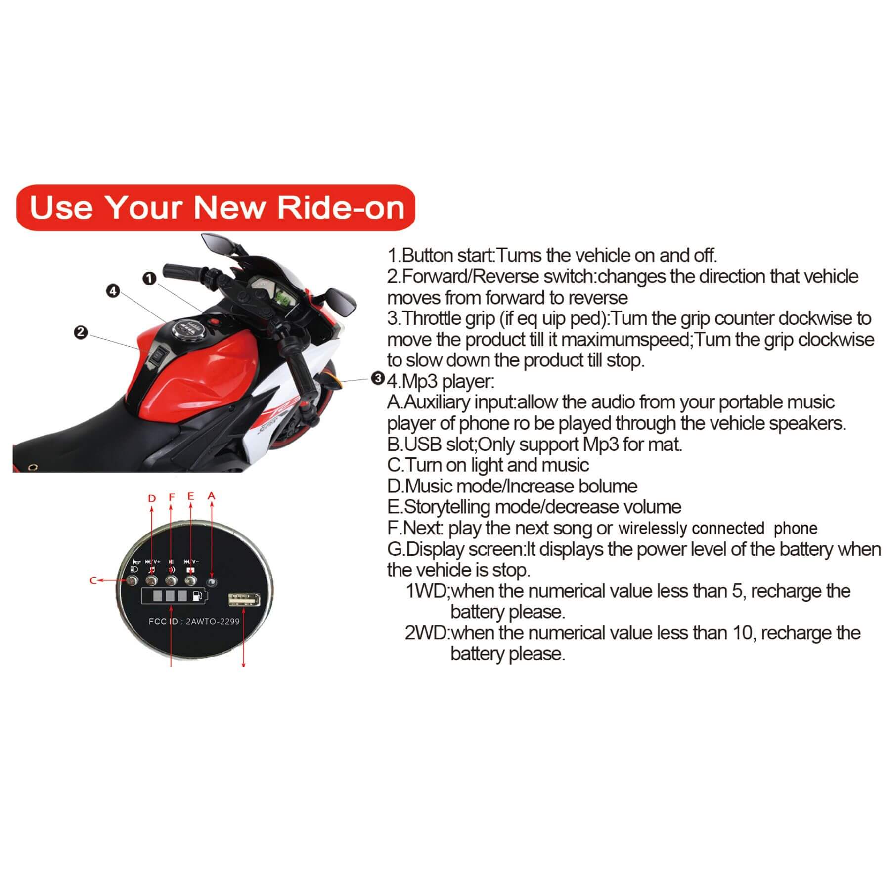 Instructional diagram of a toy motorcycle with control buttons and text on a white background