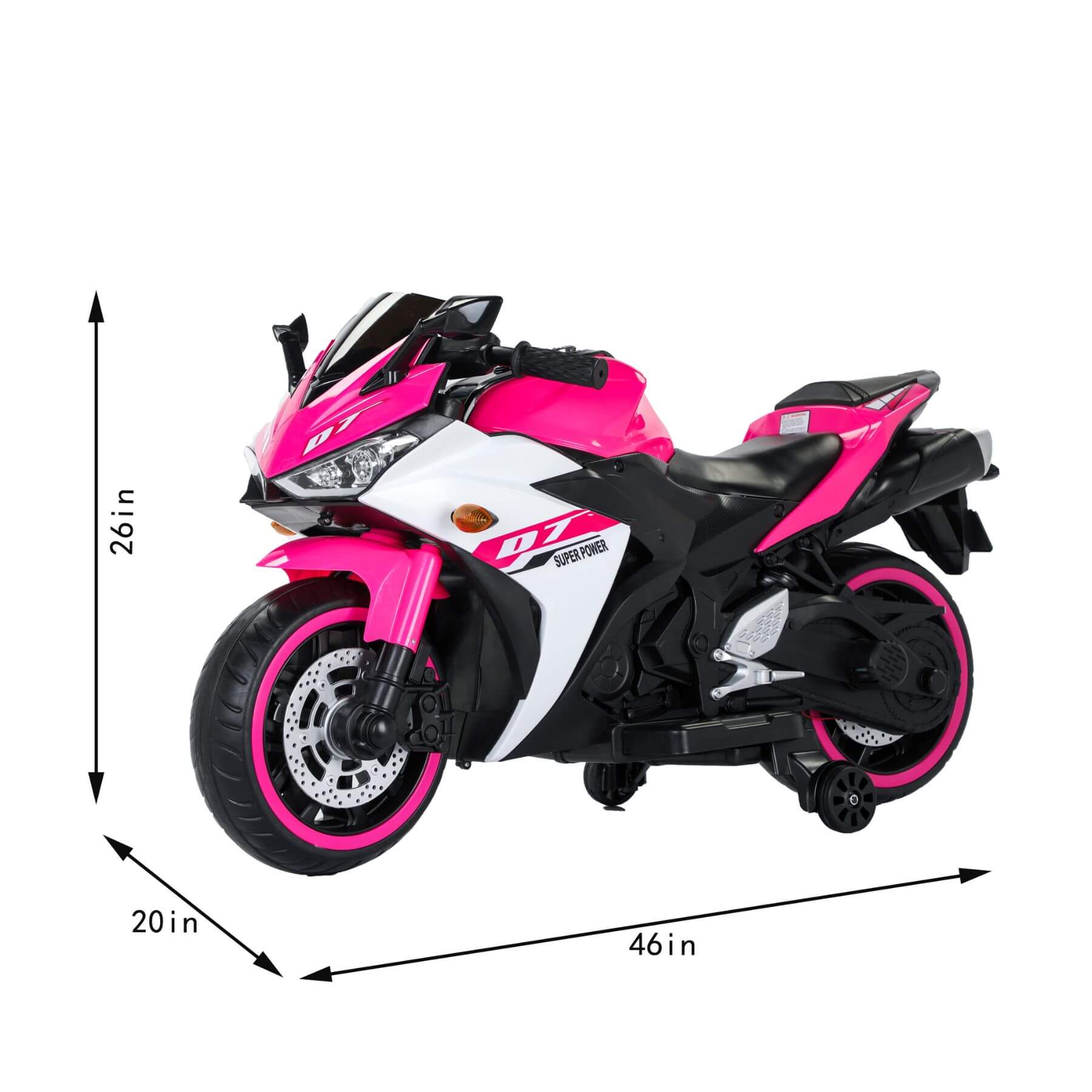 Tamco 12 V Kids Toys Electric Motorcycle with Training Wheels - Pink with dimensions on a white background