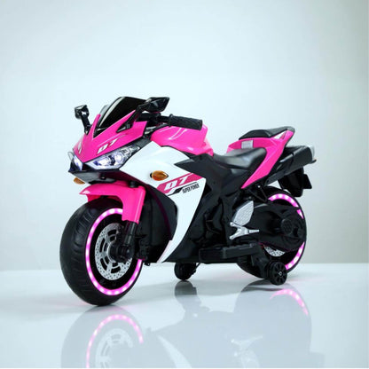 Tamco 12 V Kids Toys Electric Motorcycle with Training Wheels - Pink on a white background