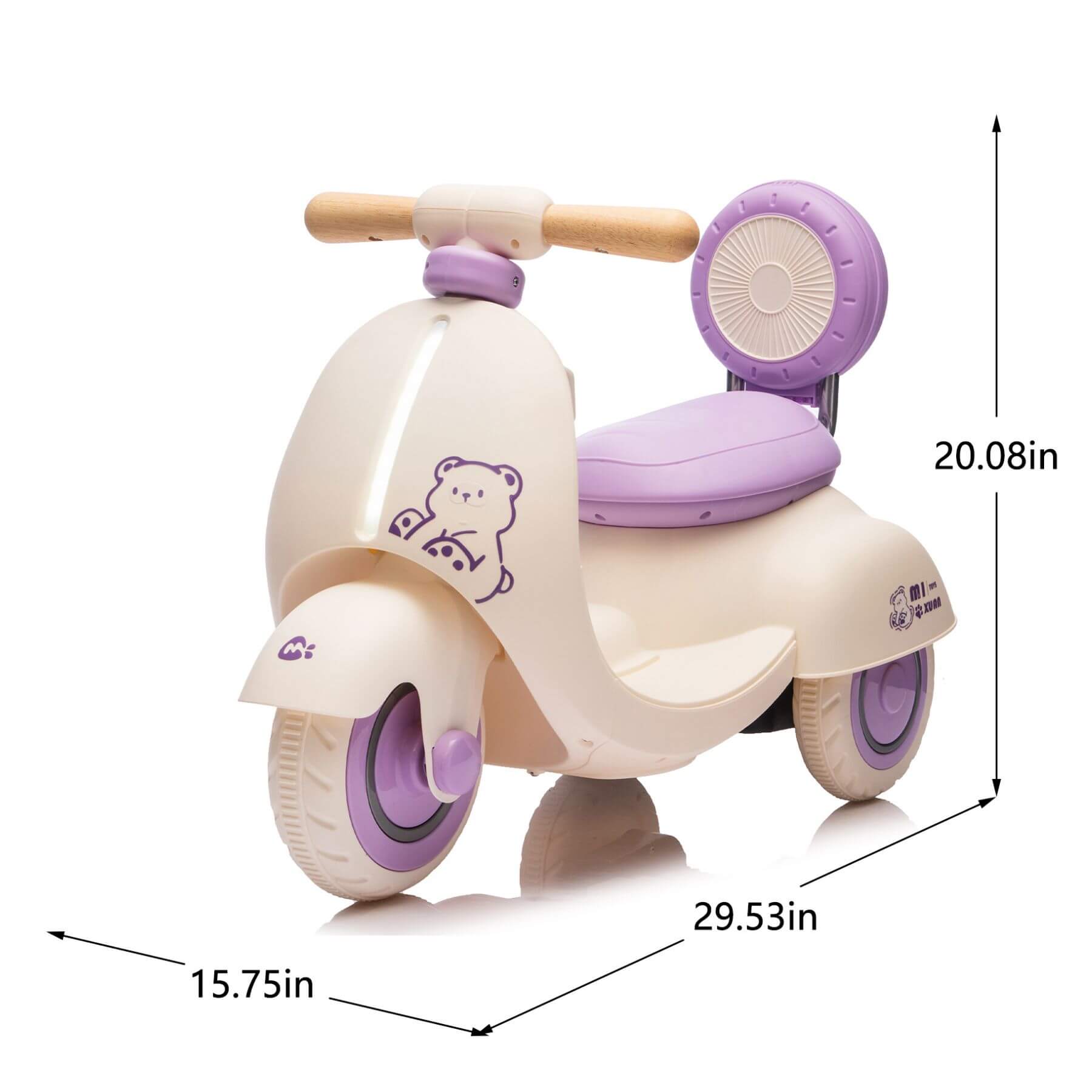 HIFINE 12V Kids Ride On Electric Motorcycle - Purple and dimensions indicated on a white background