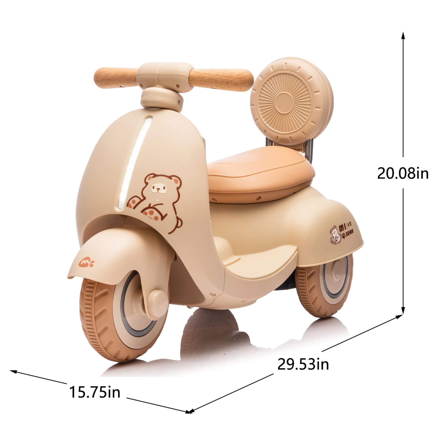 ToyRides Elite 12V Kids Ride On Electric Motorcycle - Beige and measurements on a white background