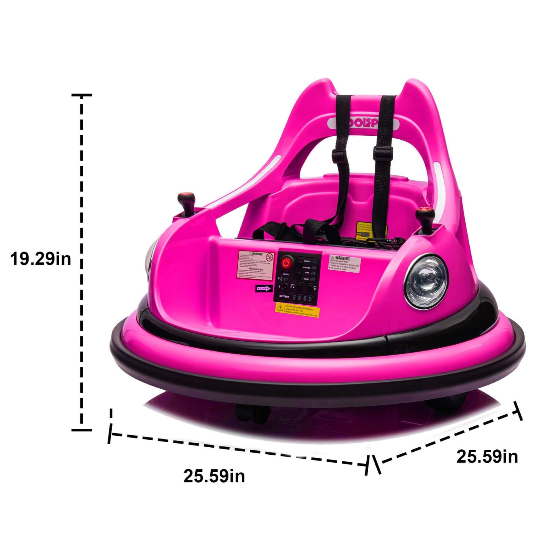HIFINE 12V Ride On Bumper Car for Kids - Pink with dimensions indicated on a white background