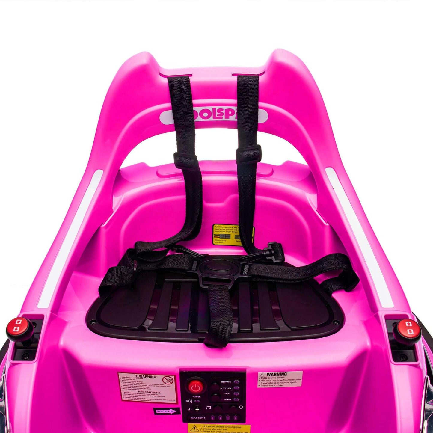 Pink toy car with a seat and safety straps on a white background