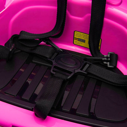 Close-up of a pink toy car with black seat and straps